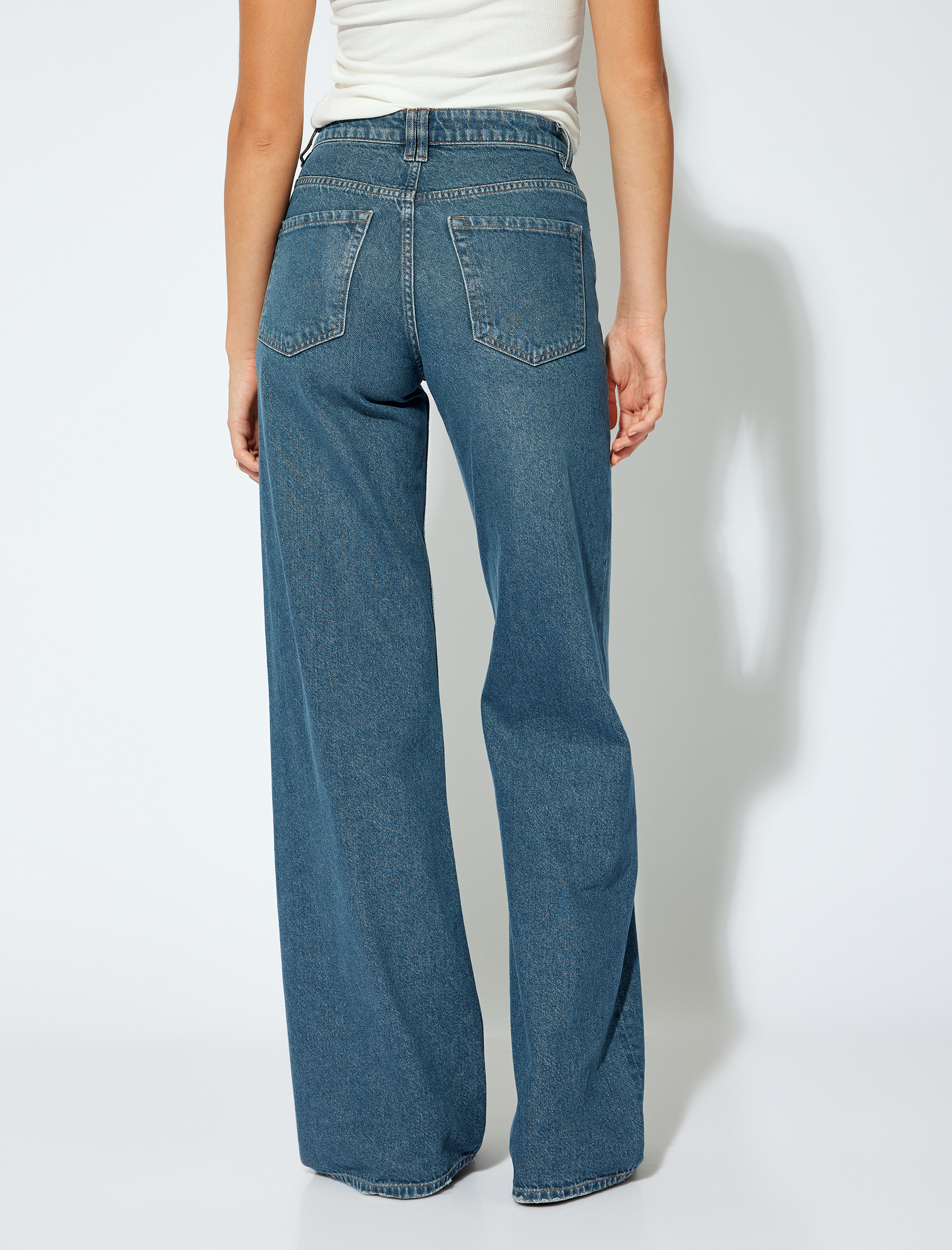 Bol Paça Kot Pantolon Normal Bel Straight Fit Düğmeli Cepli Pamuklu - Straight Fit Jeans