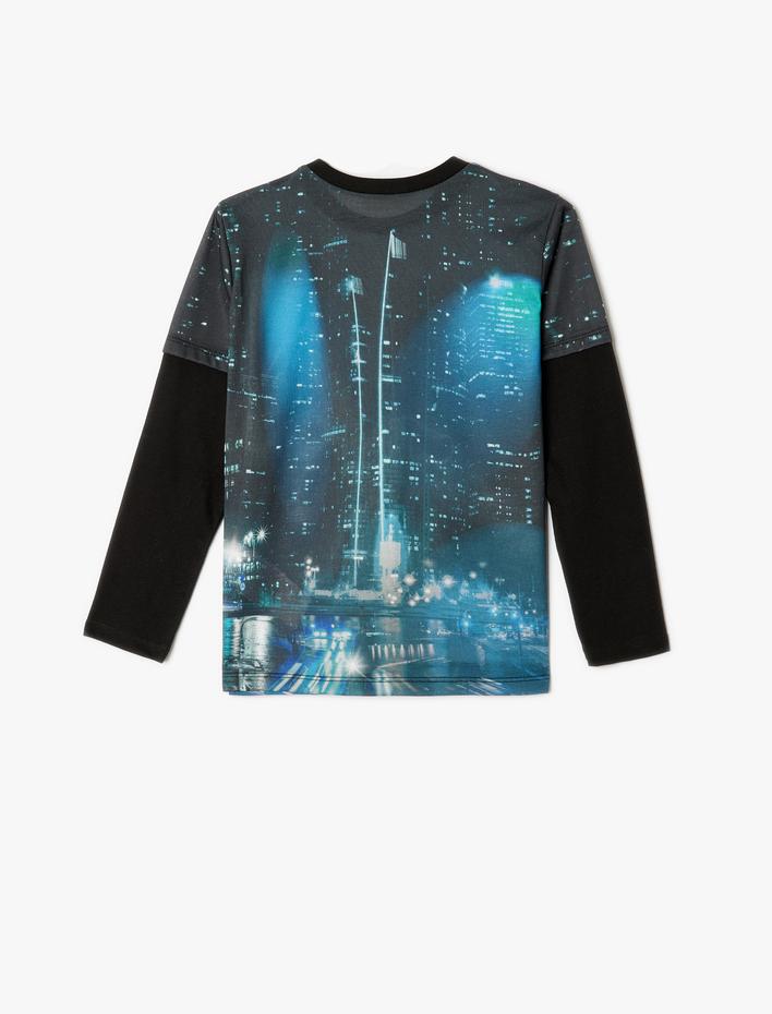 Erkek Çocuk Dinozor Baskılı Uzun Kollu Bisiklet Yaka Tişört