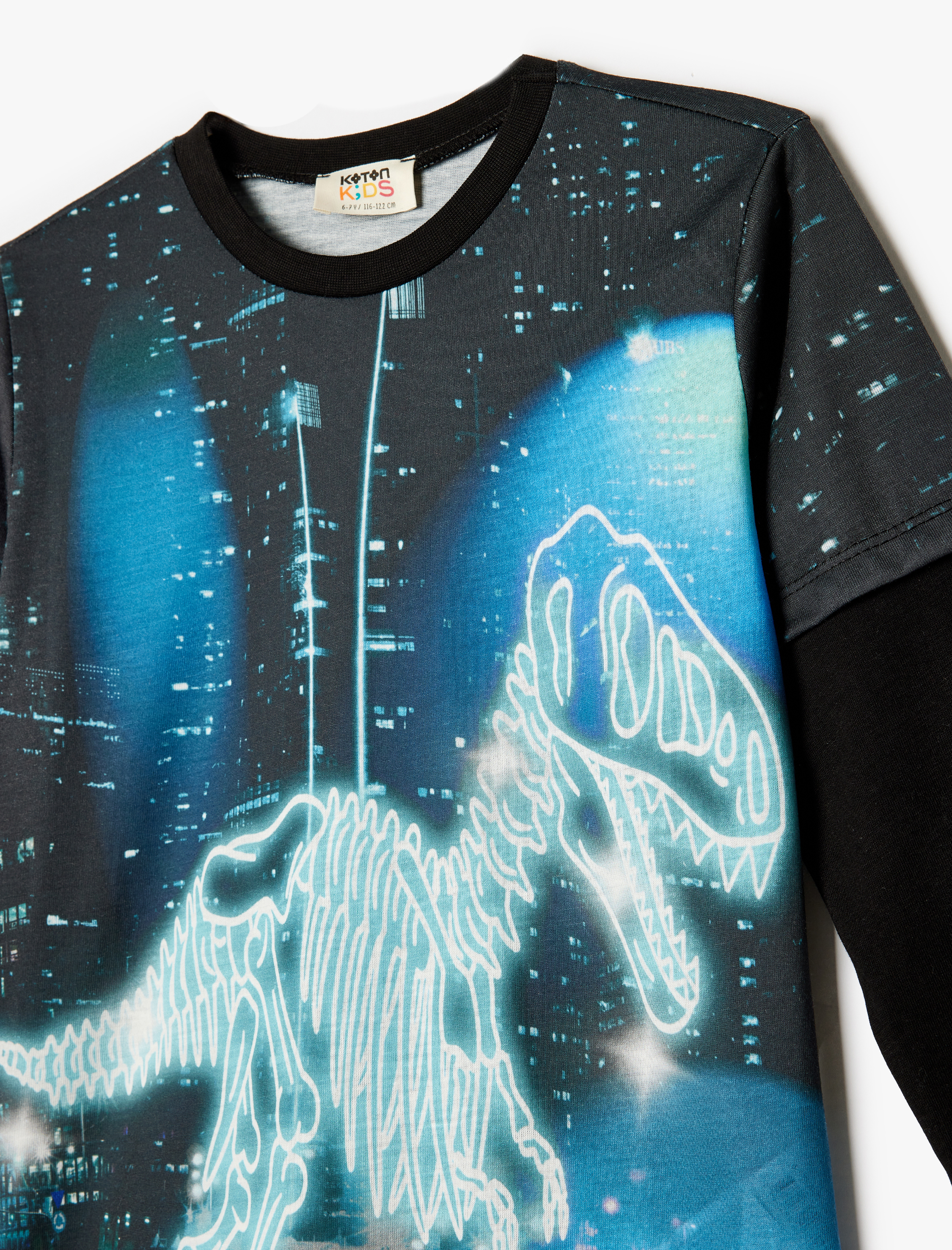  Erkek Çocuk Dinozor Baskılı Uzun Kollu Bisiklet Yaka Tişört