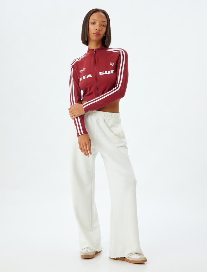  Crop Tişört Fermuarlı Uzun Kollu Kolej Baskılı Dik Yaka Biyeli Slim Fit