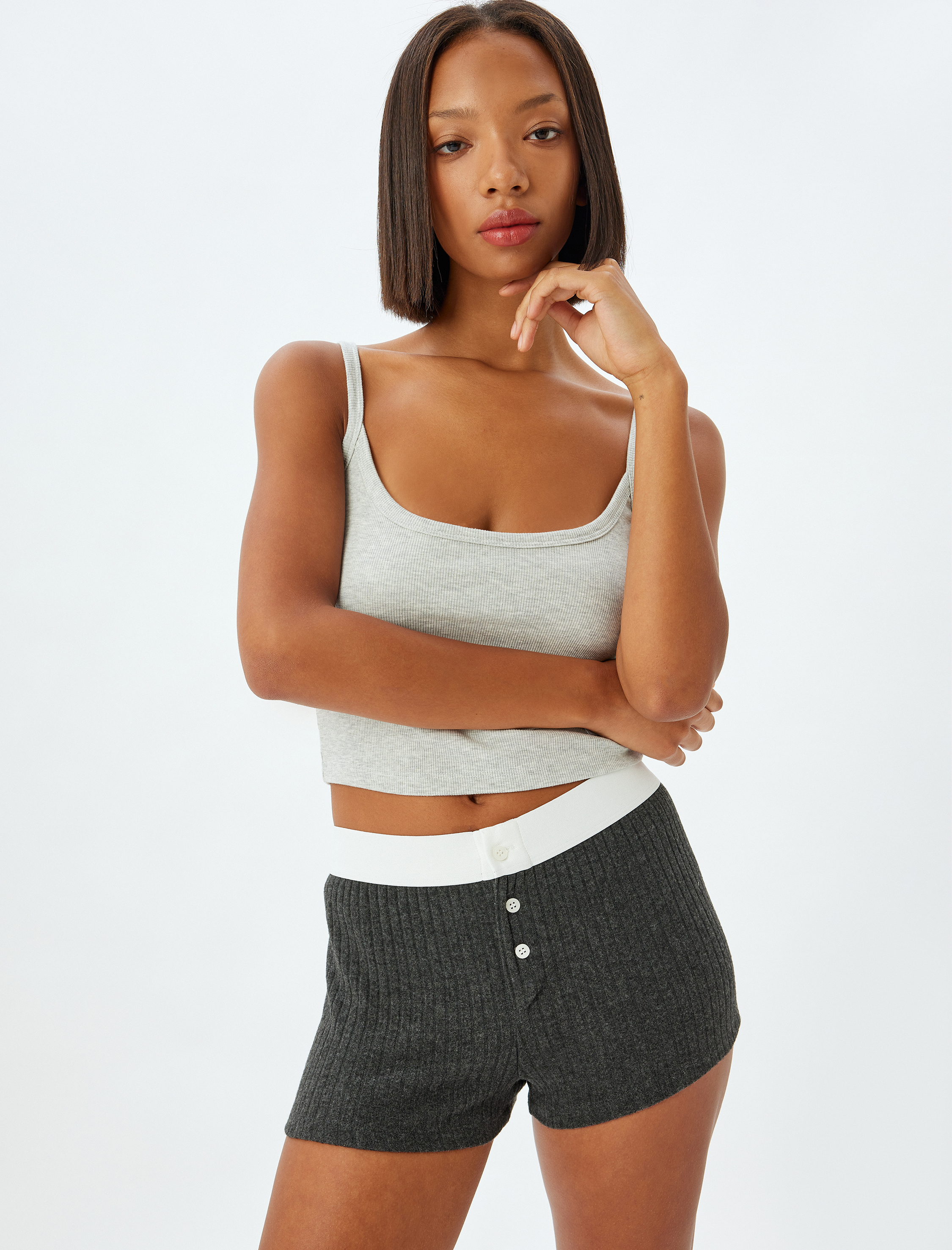   Renk Kontrastlı Düğme Detaylı Boxer Pijama Altı