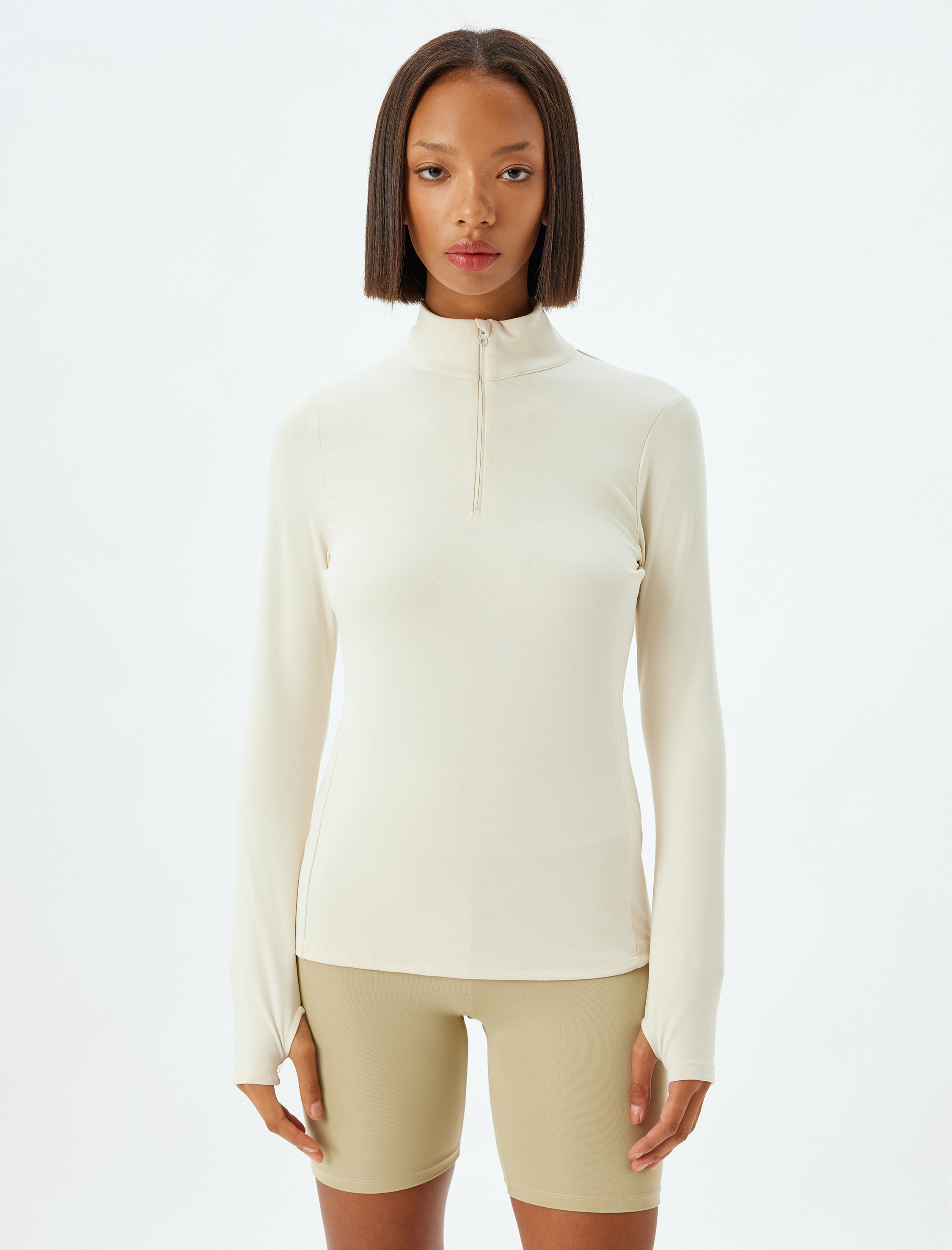   Yarım Fermuarlı Spor Sweatshirt Dik Yaka Yumuşak Tuşe Şardonlu Slim Fit