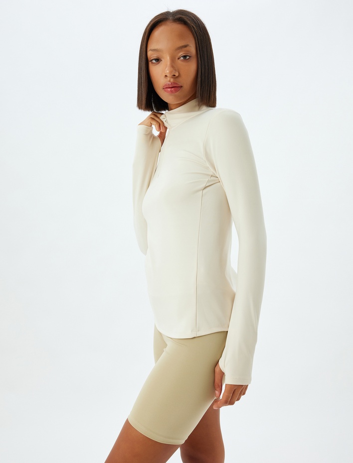  Yarım Fermuarlı Spor Sweatshirt Dik Yaka Yumuşak Tuşe Şardonlu Slim Fit