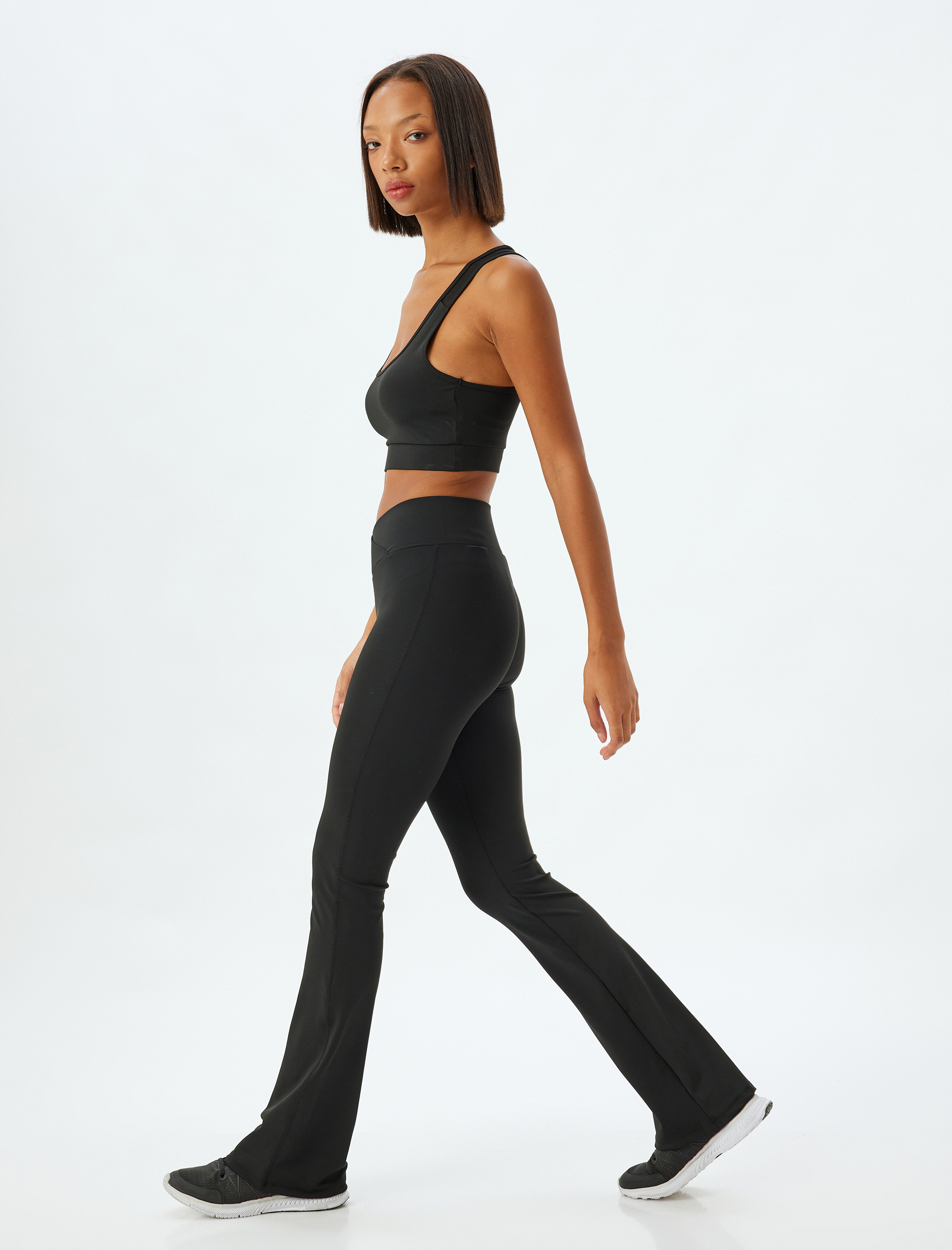   İspanyol Paça Spor Tayt Yüksek Bel Dikiş Detaylı Slim Fit İnterlok