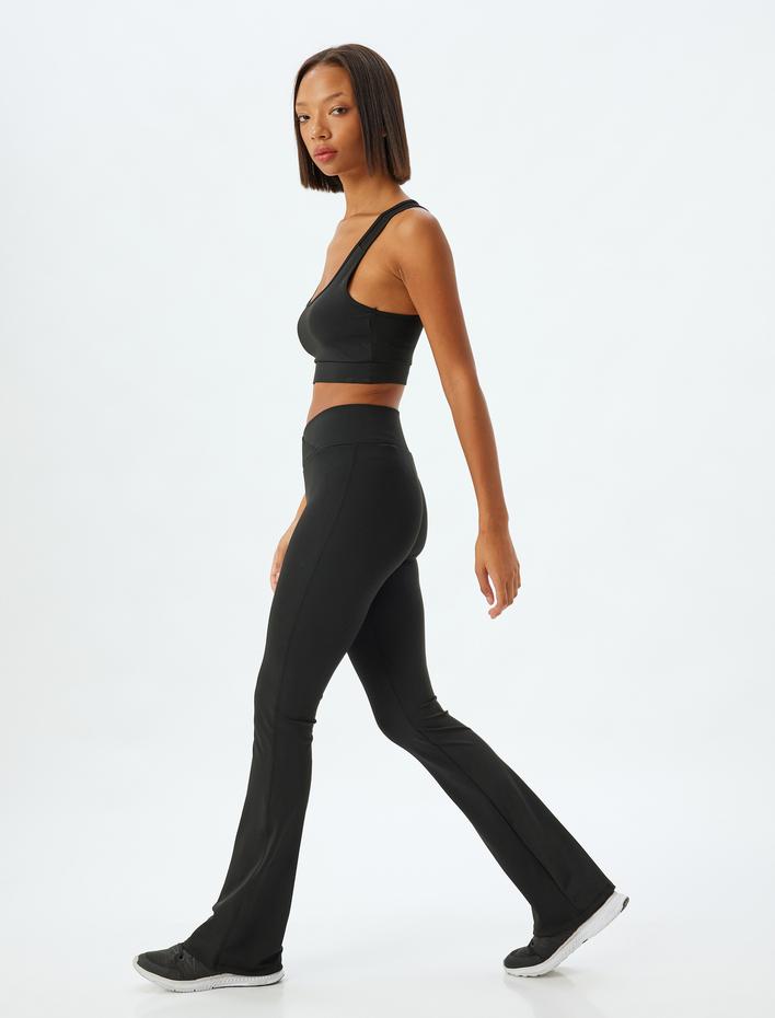  İspanyol Paça Spor Tayt Yüksek Bel Dikiş Detaylı Slim Fit İnterlok