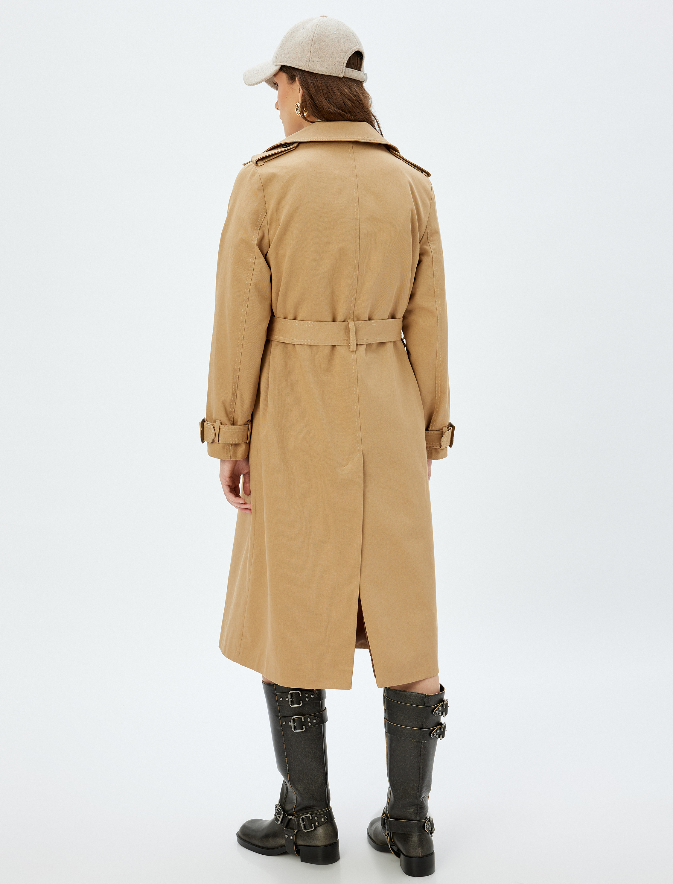   Koton X Sima Tarkan - Düğmeli Kuşak Detaylı Cepli Kruvaze Ekstra Uzun Trençkot