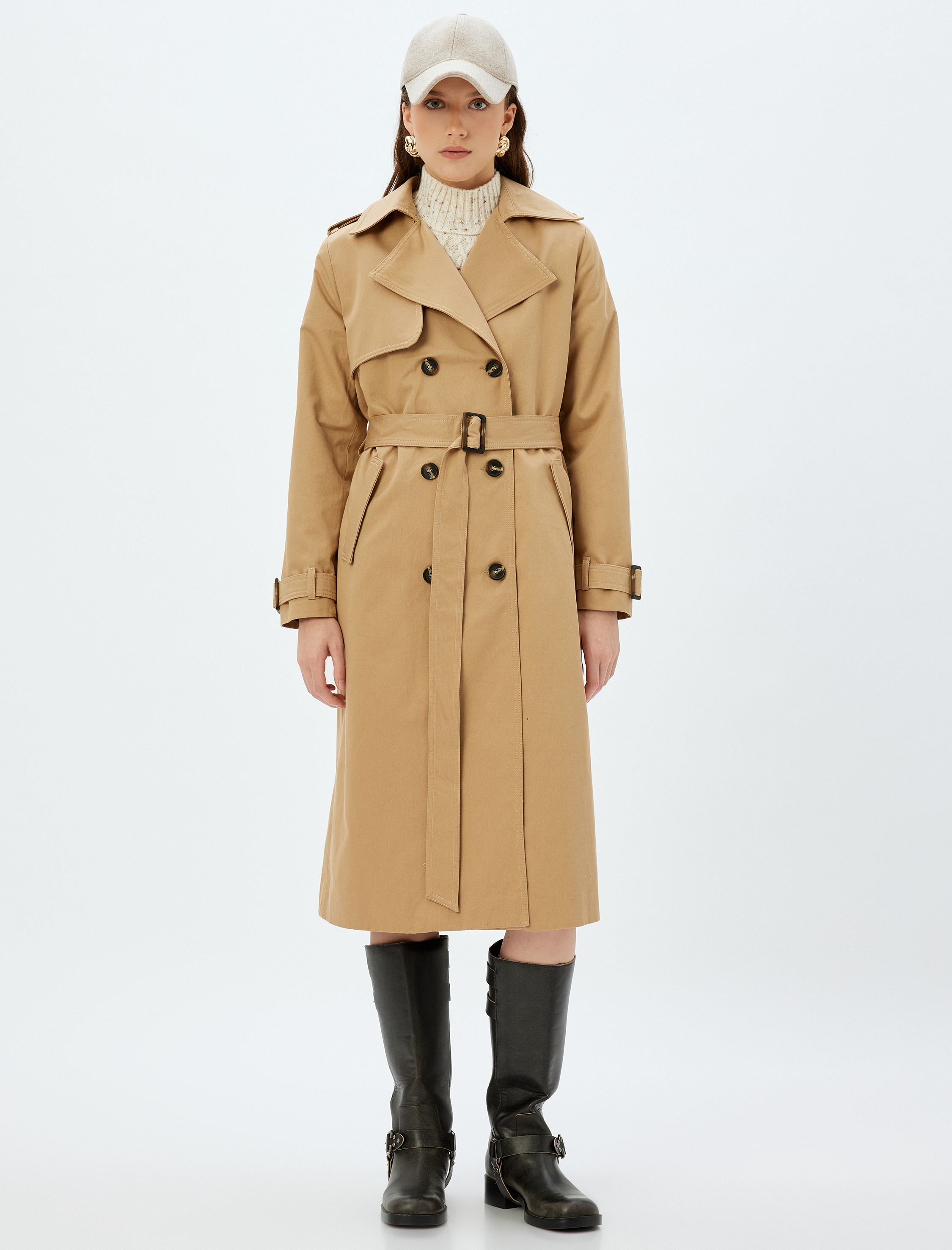   Koton X Sima Tarkan - Düğmeli Kuşak Detaylı Cepli Kruvaze Ekstra Uzun Trençkot