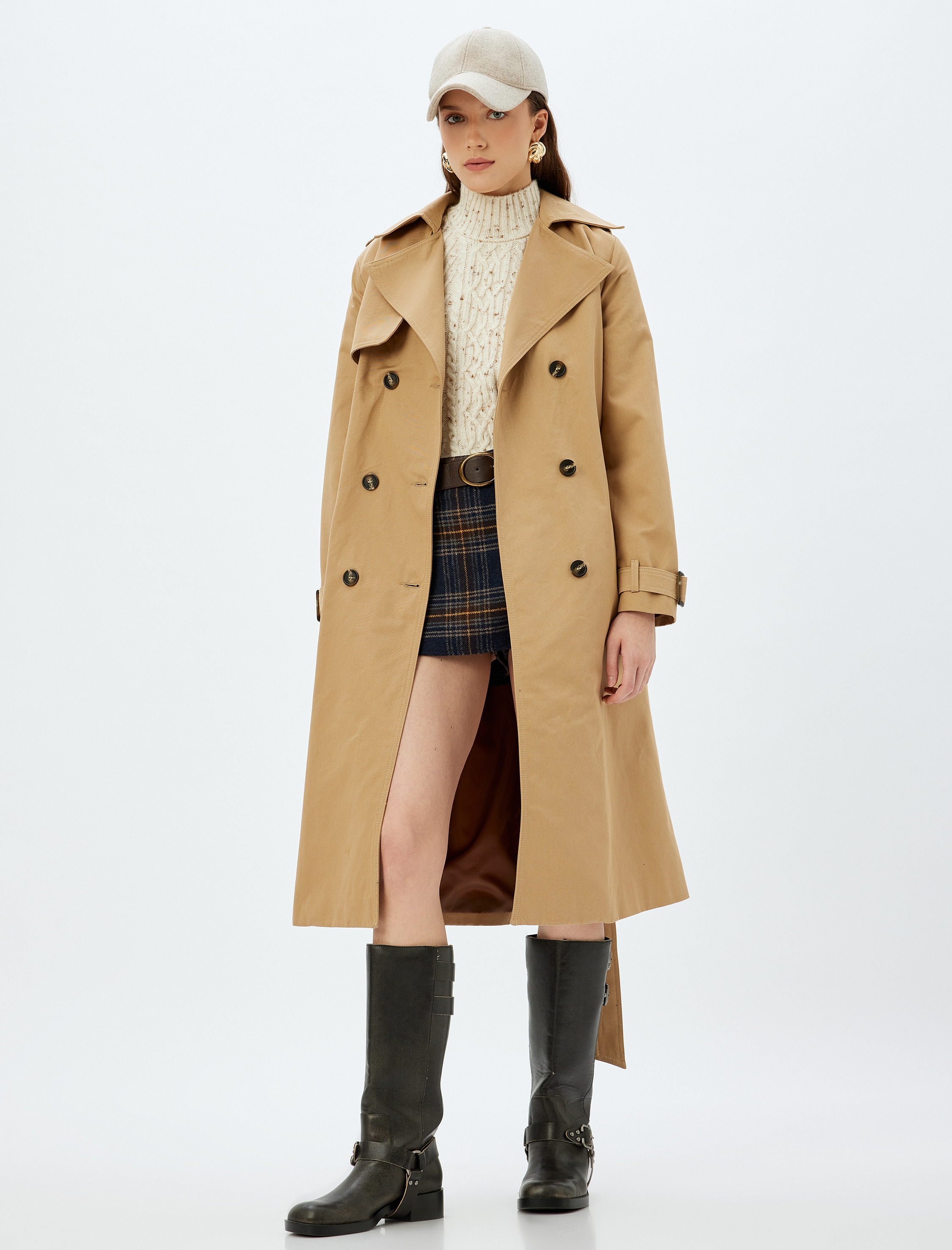   Koton X Sima Tarkan - Düğmeli Kuşak Detaylı Cepli Kruvaze Ekstra Uzun Trençkot