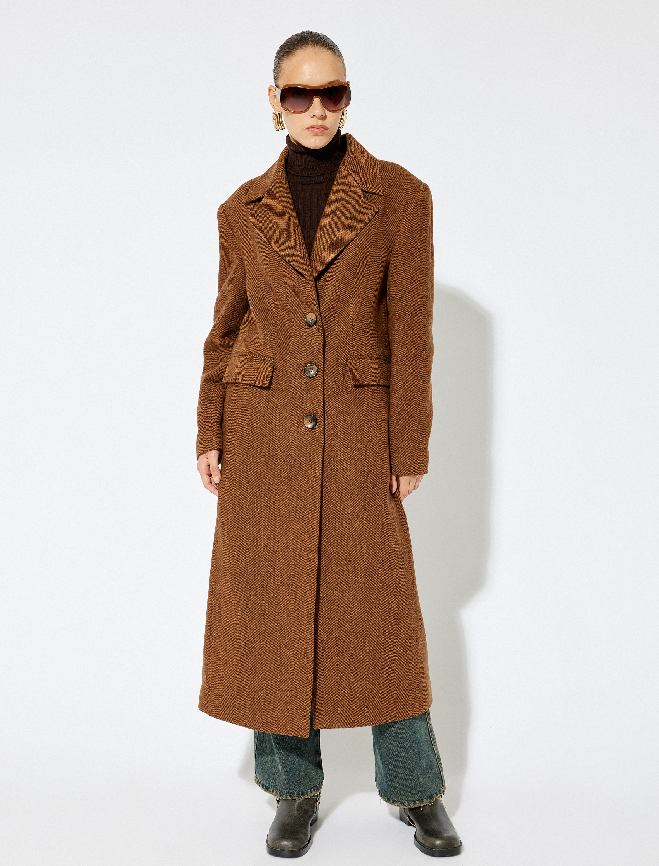   Koton X Sima Tarkan - Cepli Düğmeli Ekstra Uzun Kruvaze Kaşe Kaban