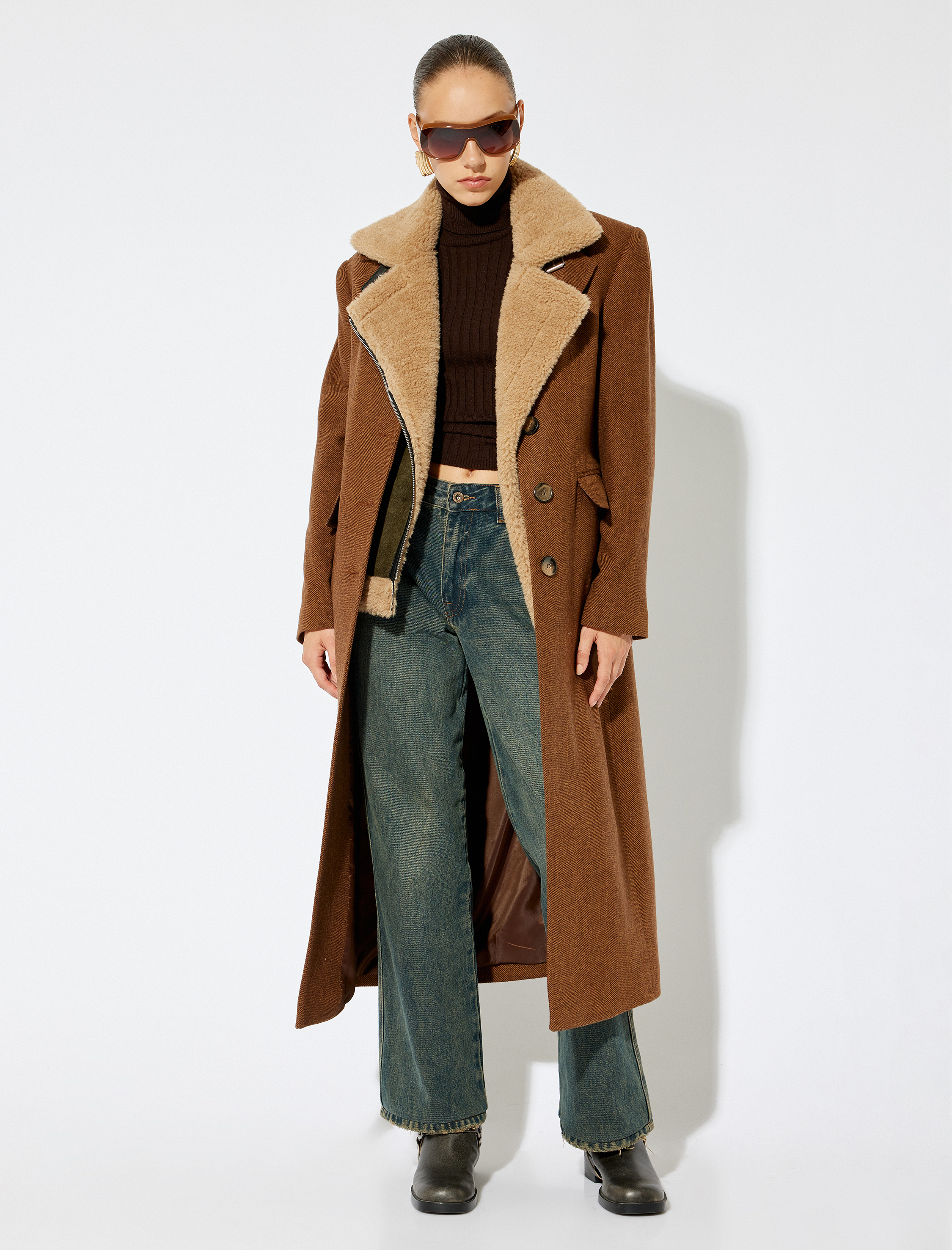   Koton X Sima Tarkan - Cepli Düğmeli Ekstra Uzun Kruvaze Kaşe Kaban