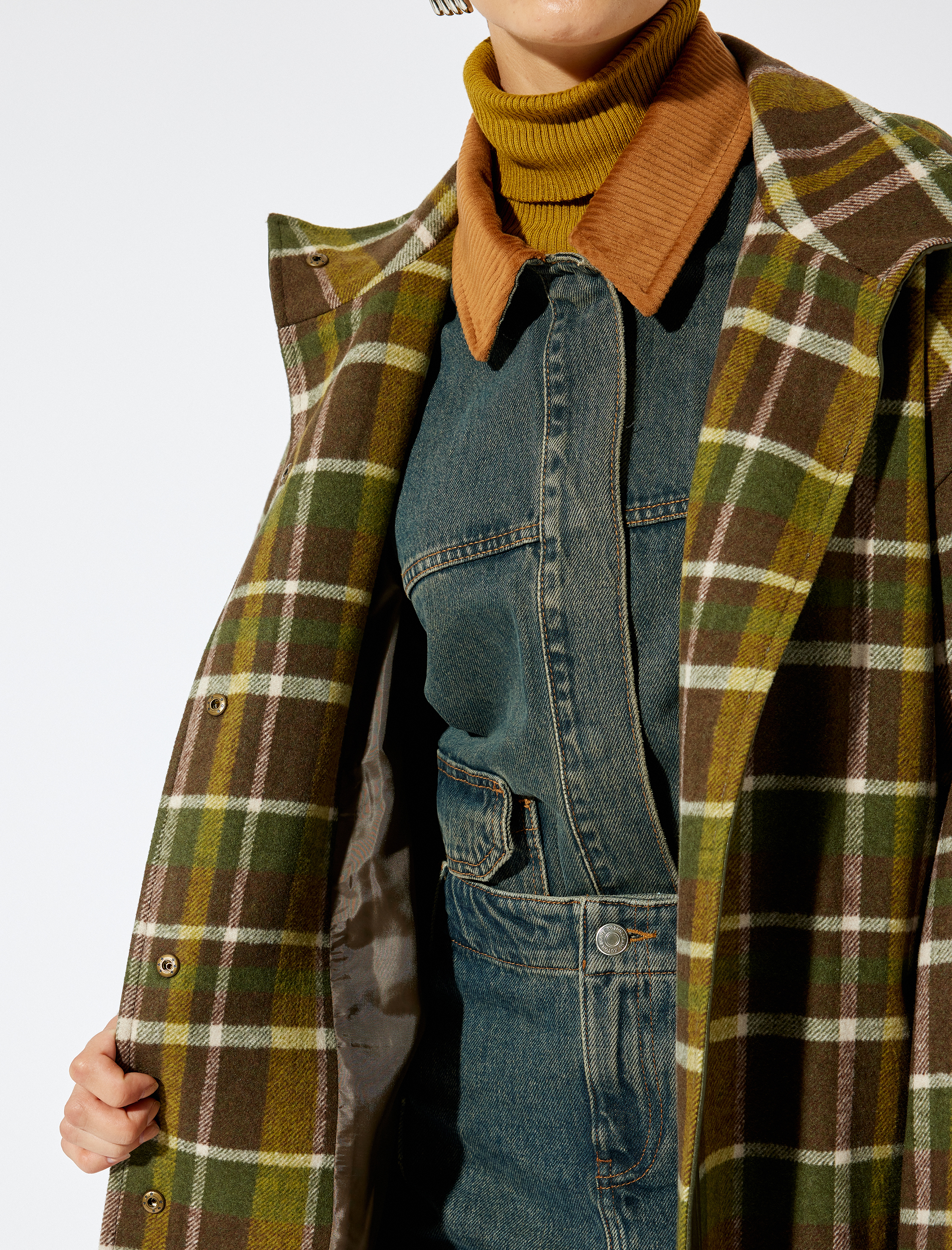   Koton X Sima Tarkan -  Suni Deri Detaylı Ekstra Uzun Ekose Oversize Kaşe Kaban