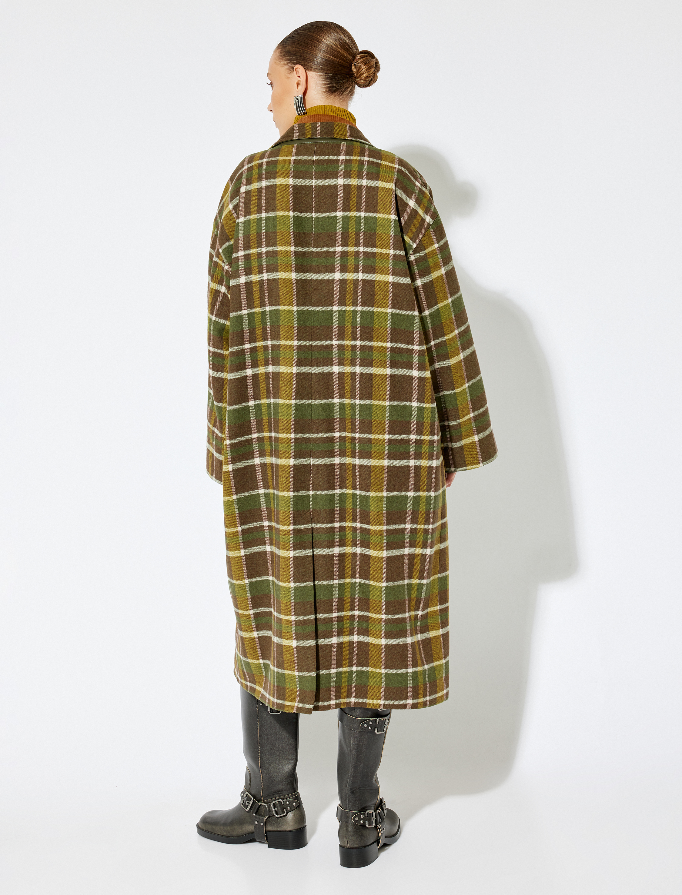   Koton X Sima Tarkan -  Suni Deri Detaylı Ekstra Uzun Ekose Oversize Kaşe Kaban