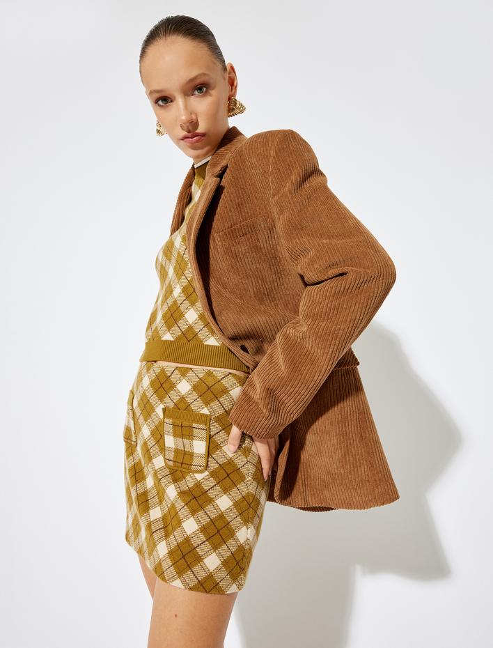  Koton X Sima Tarkan - Fitilli Kadife Blazer Ceket Kruvaze Kapaklı Cep Detaylı