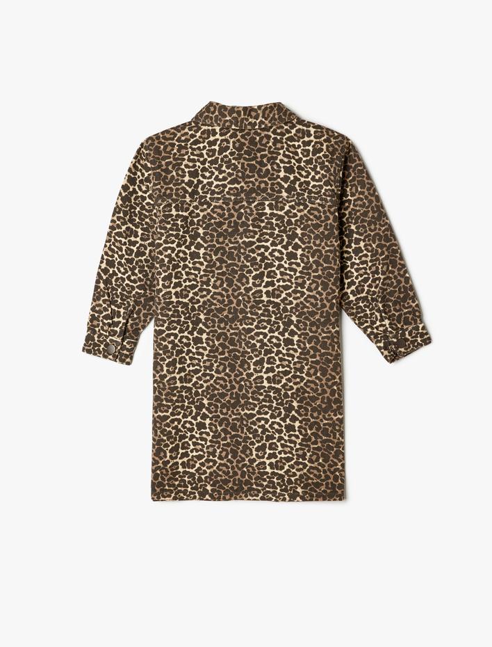 Kız Çocuk Gömlek Yaka Elbise Leopar Baskılı Uzun Kollu Cep Detaylı Pamuklu