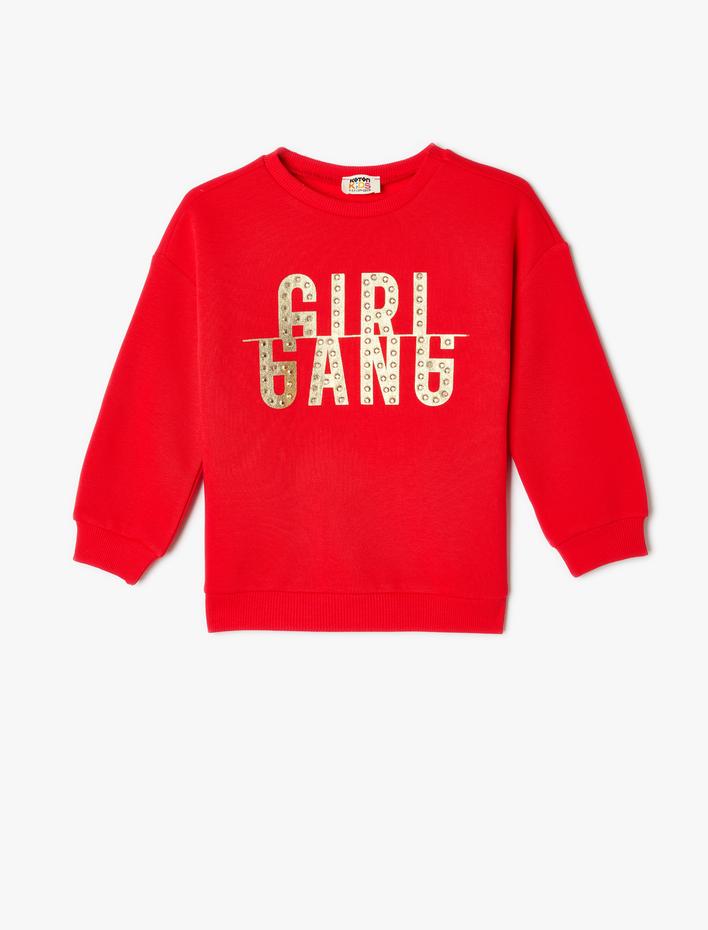 Kız Çocuk Sweatshirt Slogan Baskılı Bisiklet Yaka Uzun Kollu Şardonlu
