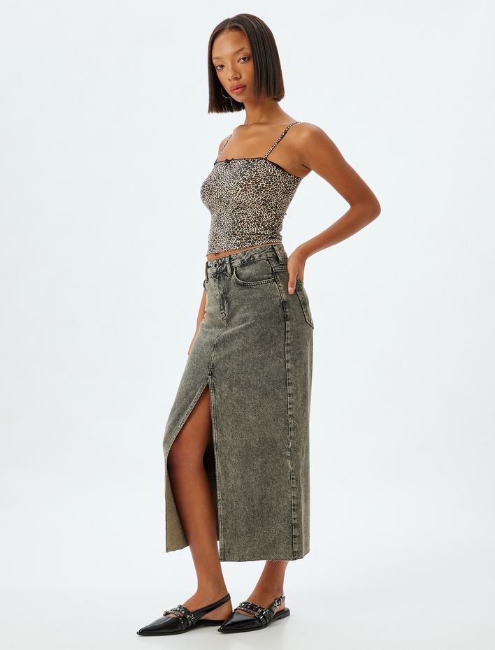  Crop Atlet Leopar Fiyonklu İp Askılı Slim Fit