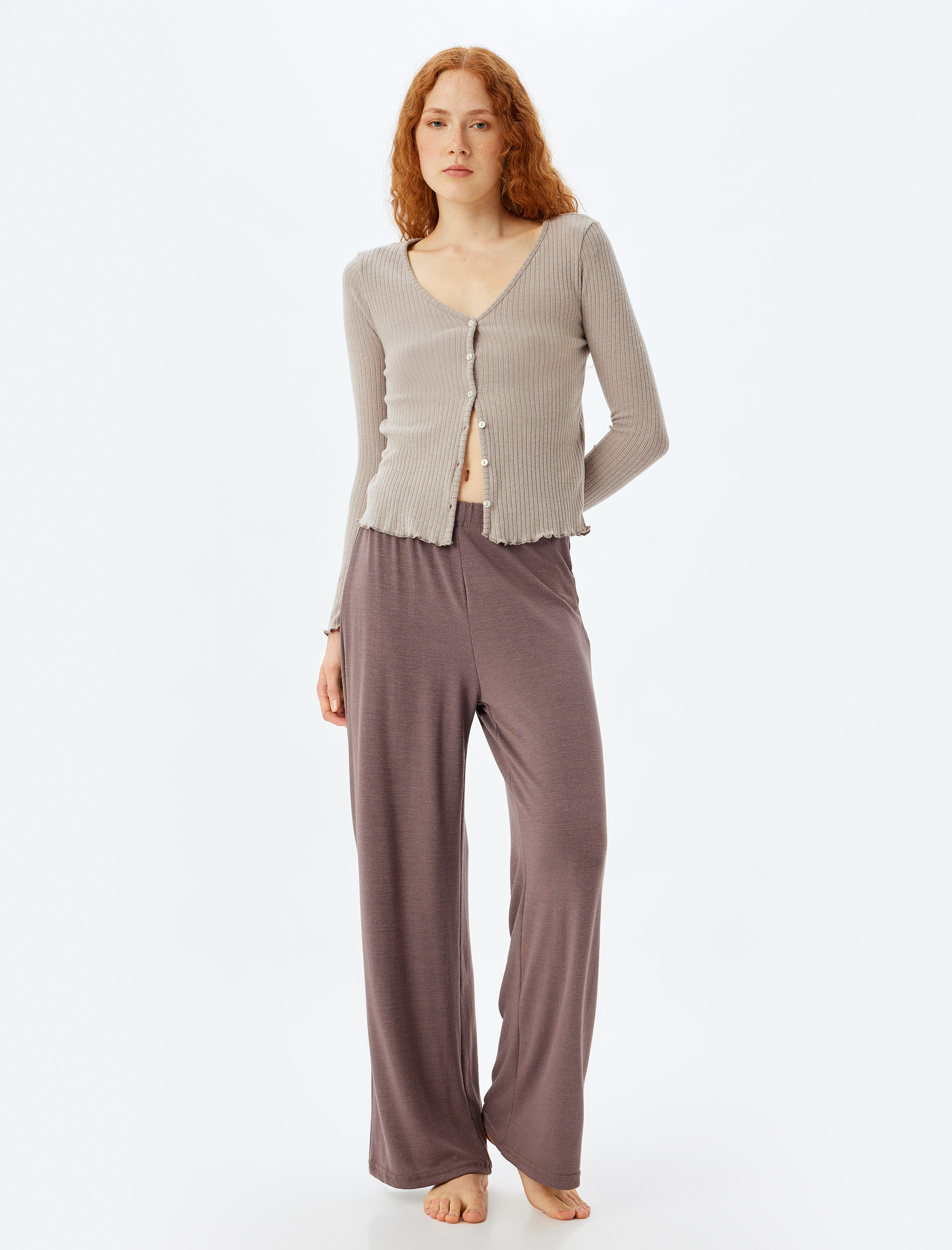 Örme Pijama Üstü V Yaka Slim Fit Düğmeli Uzun Kollu