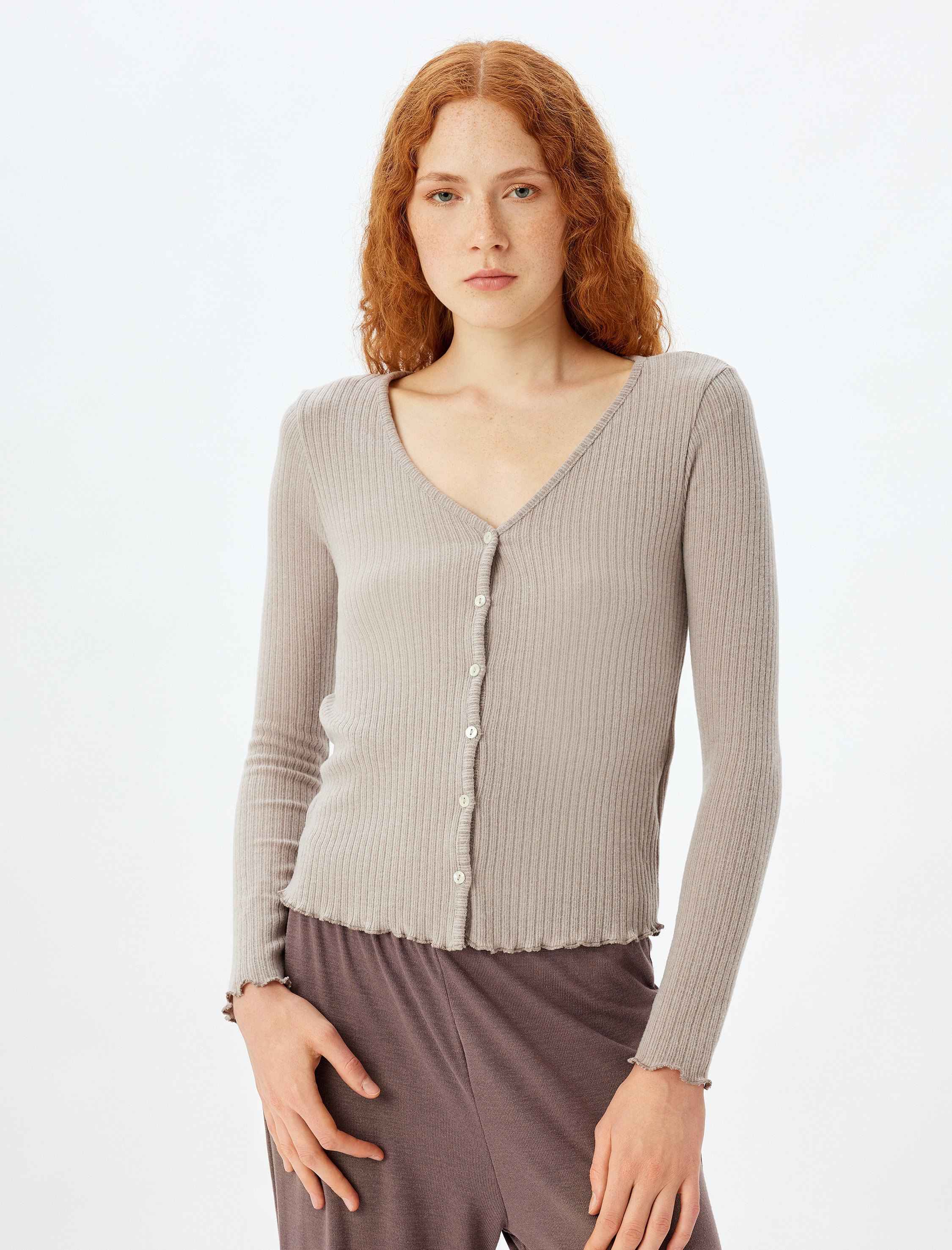 Örme Pijama Üstü V Yaka Slim Fit Düğmeli Uzun Kollu