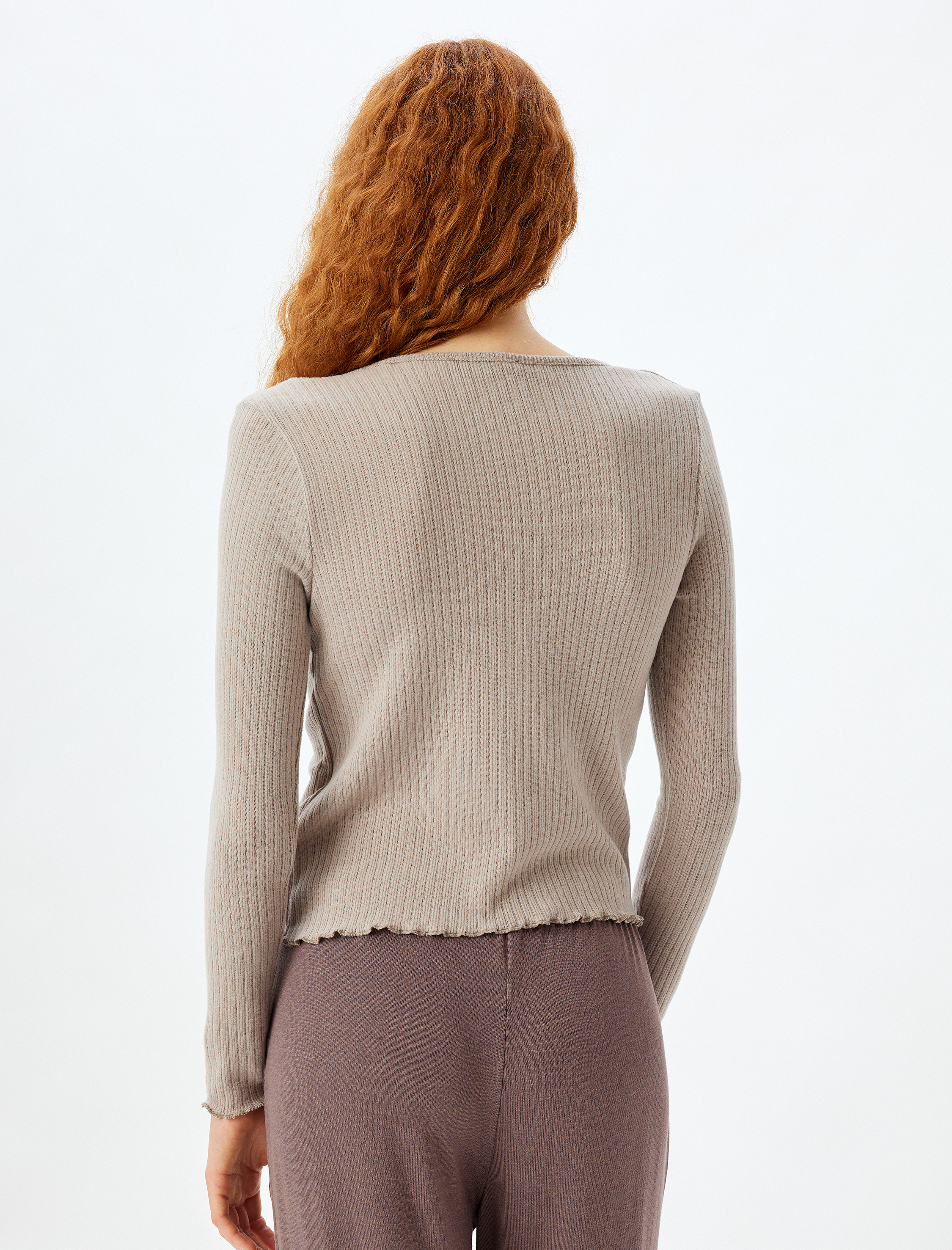 Örme Pijama Üstü V Yaka Slim Fit Düğmeli Uzun Kollu