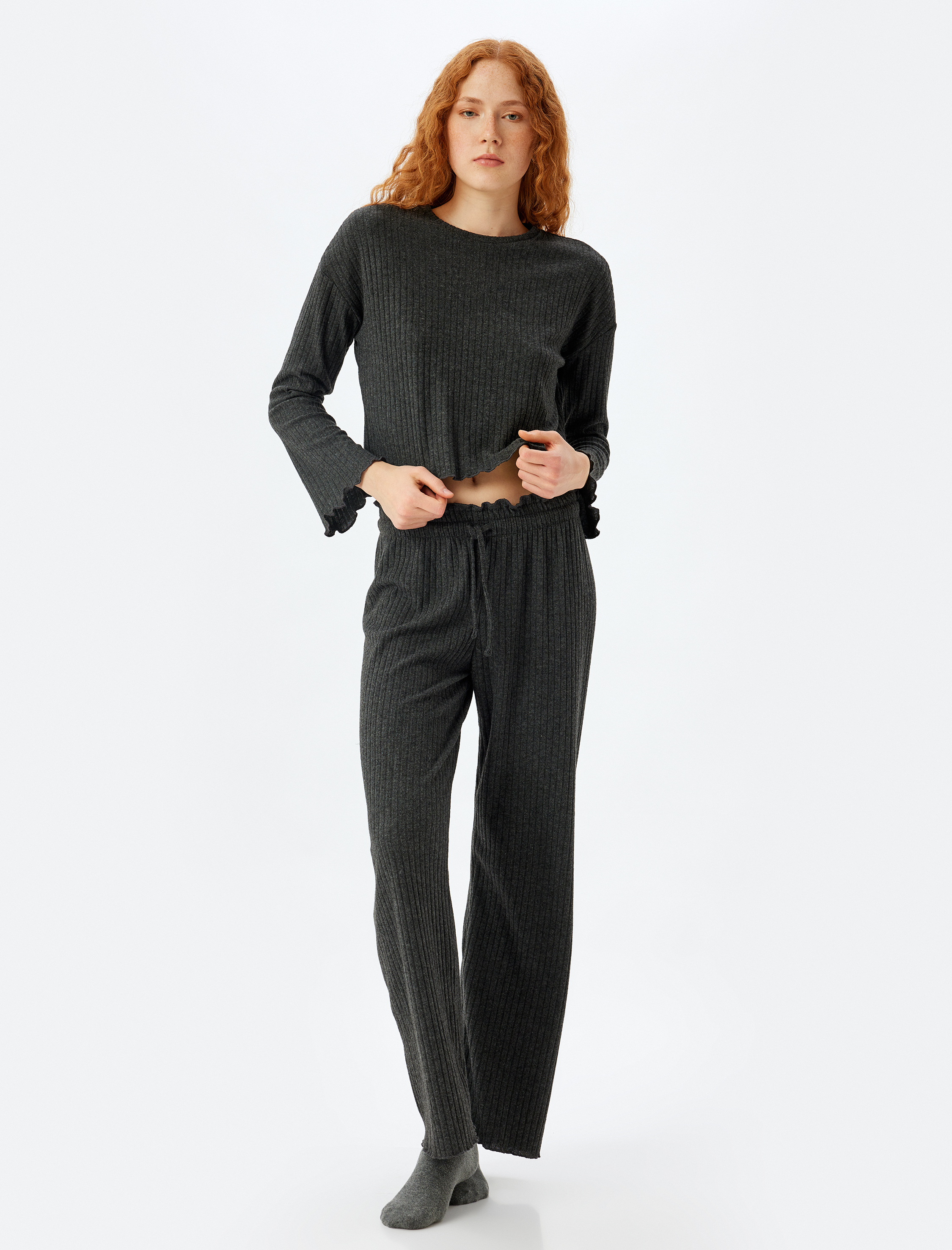 Örme Pijama Üstü Uzun Kollu Bisiklet Yaka Yumuşak Dokulu