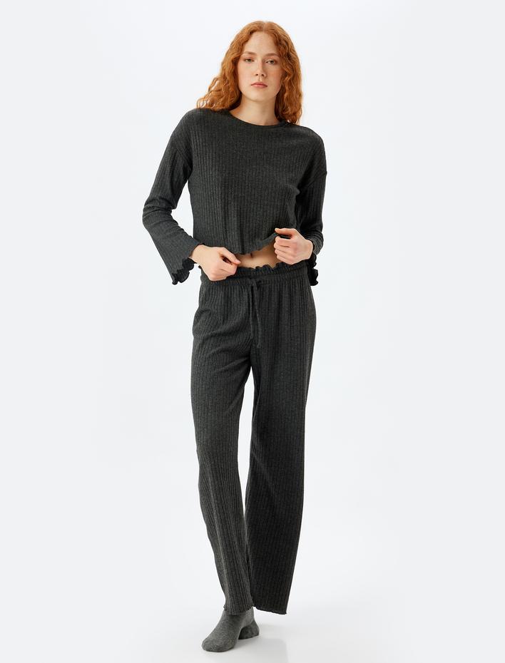  Örme Pijama Üstü Uzun Kollu Bisiklet Yaka Yumuşak Dokulu