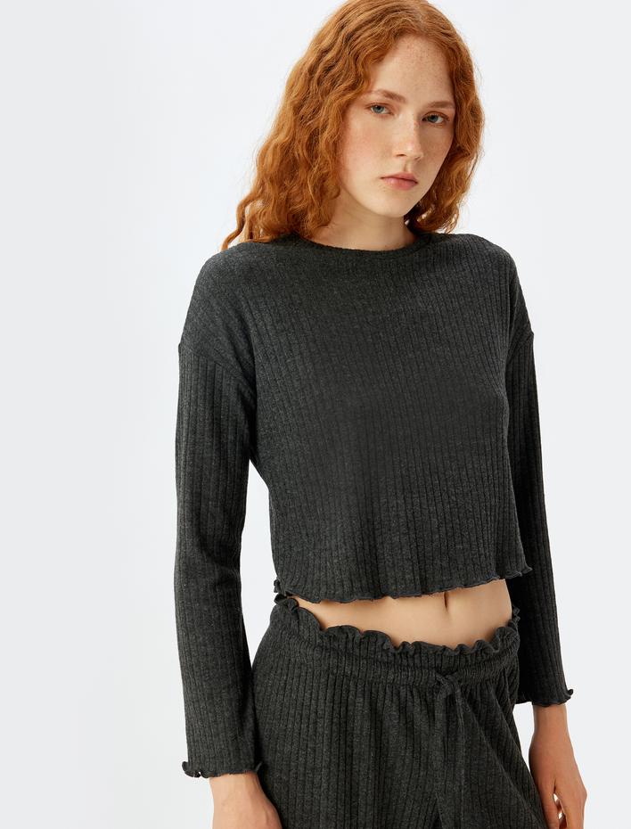  Örme Pijama Üstü Uzun Kollu Bisiklet Yaka Yumuşak Dokulu