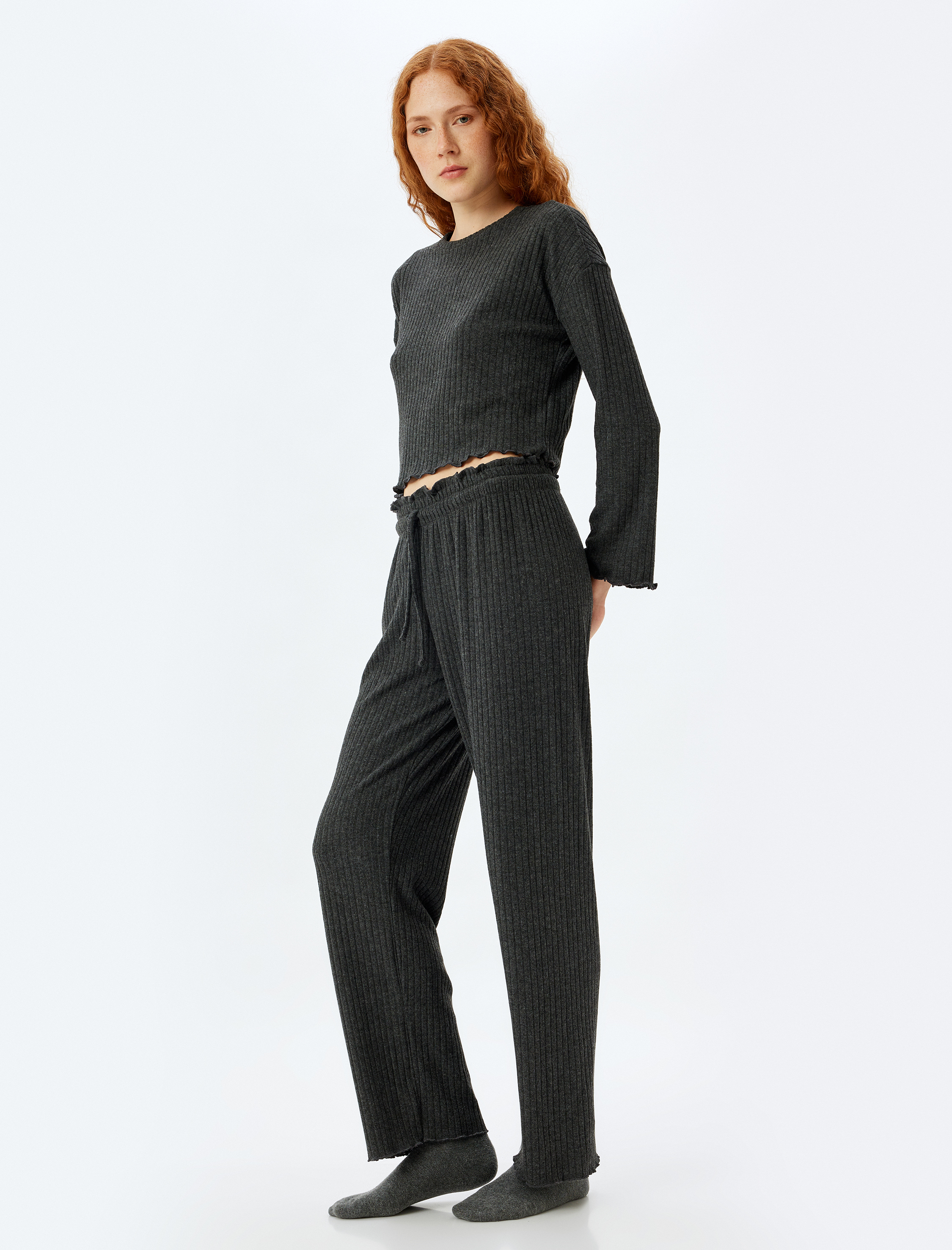 Örme Pijama Altı Bol Paça Beli Lastikli Bağlamalı Yumuşak Dokulu