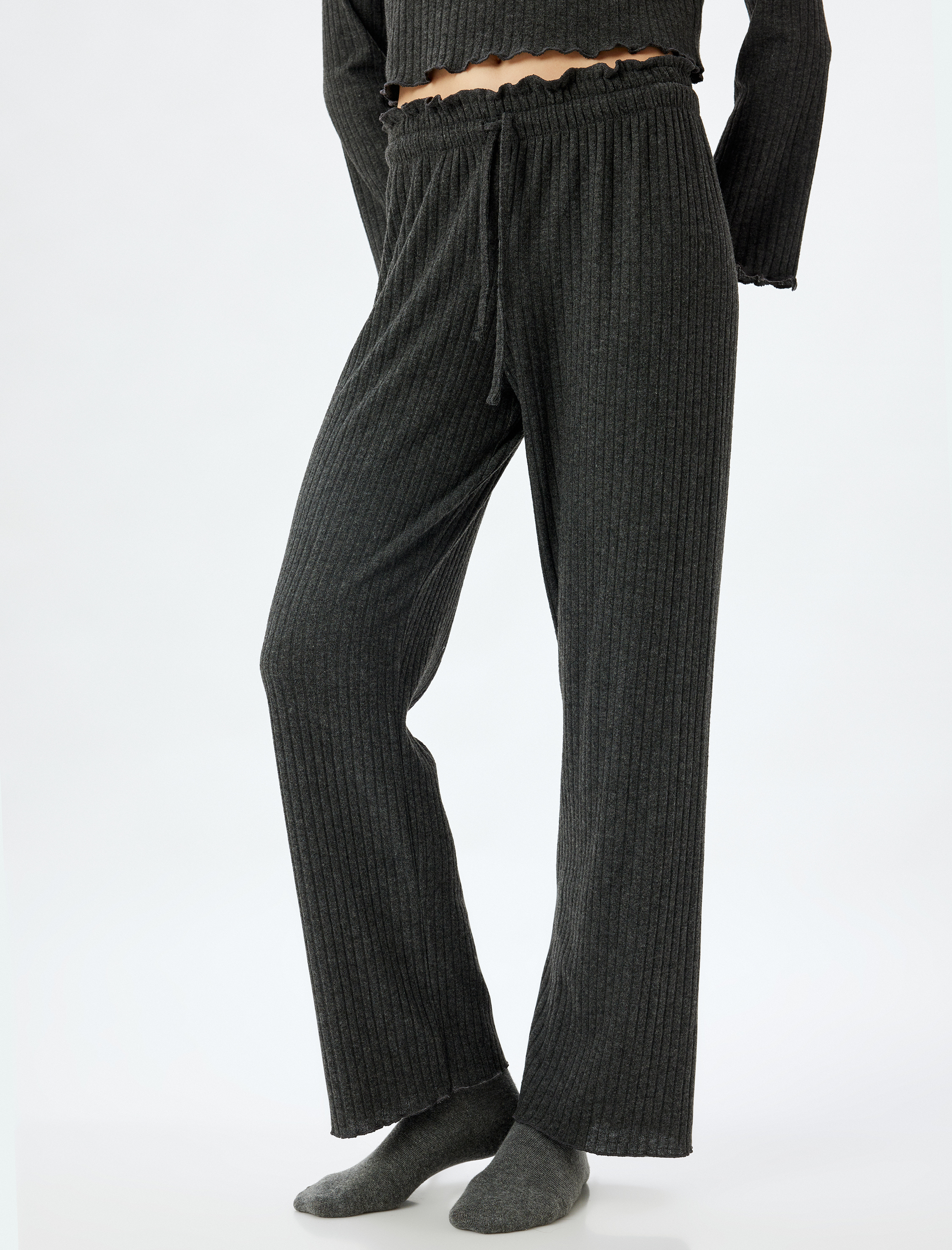 Örme Pijama Altı Bol Paça Beli Lastikli Bağlamalı Yumuşak Dokulu