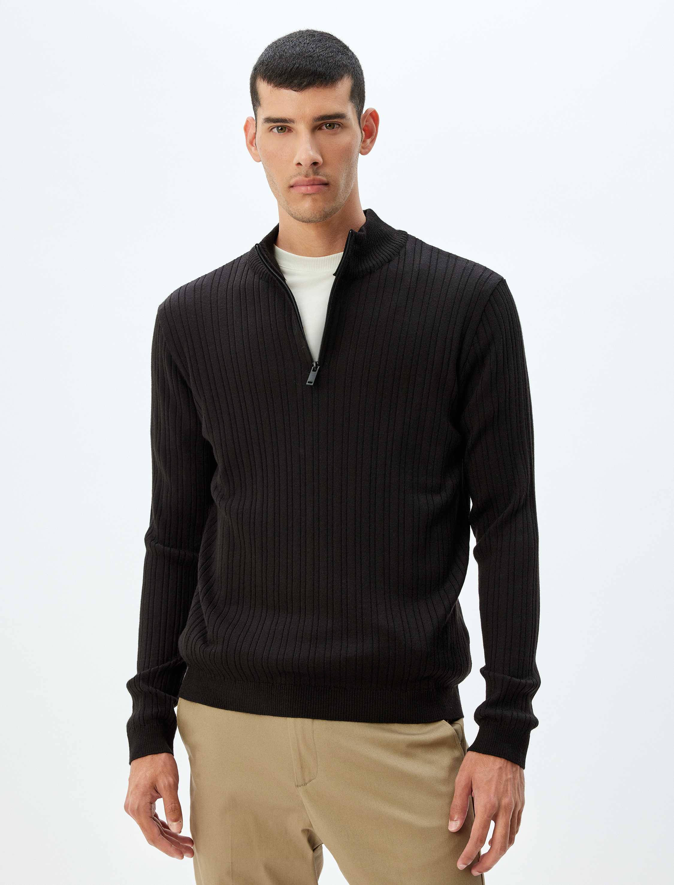   Triko Kazak Dik Yaka Yarım Fermuarlı Basic