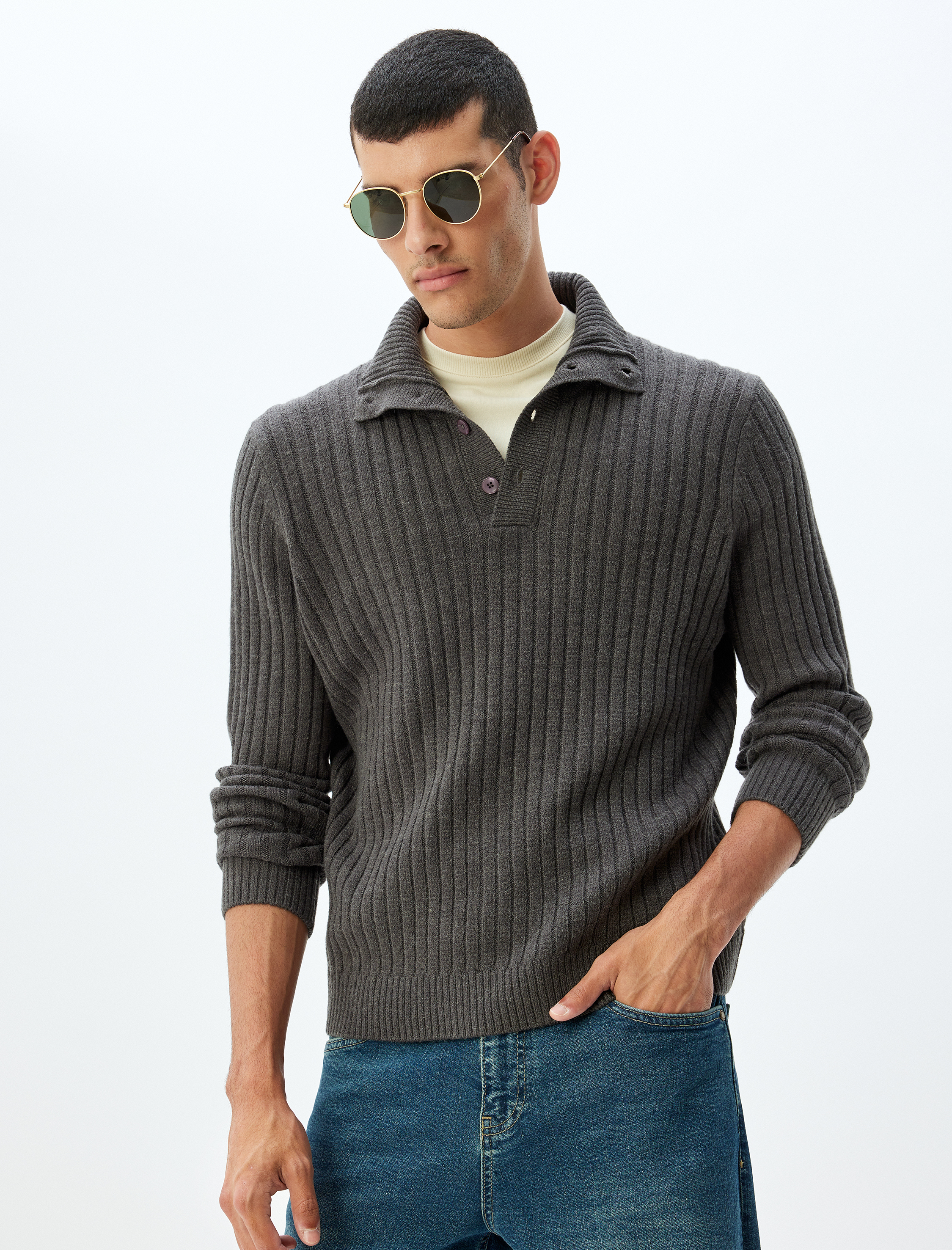   Triko Kazak Basic Düğme Detaylı Yaka Dokulu