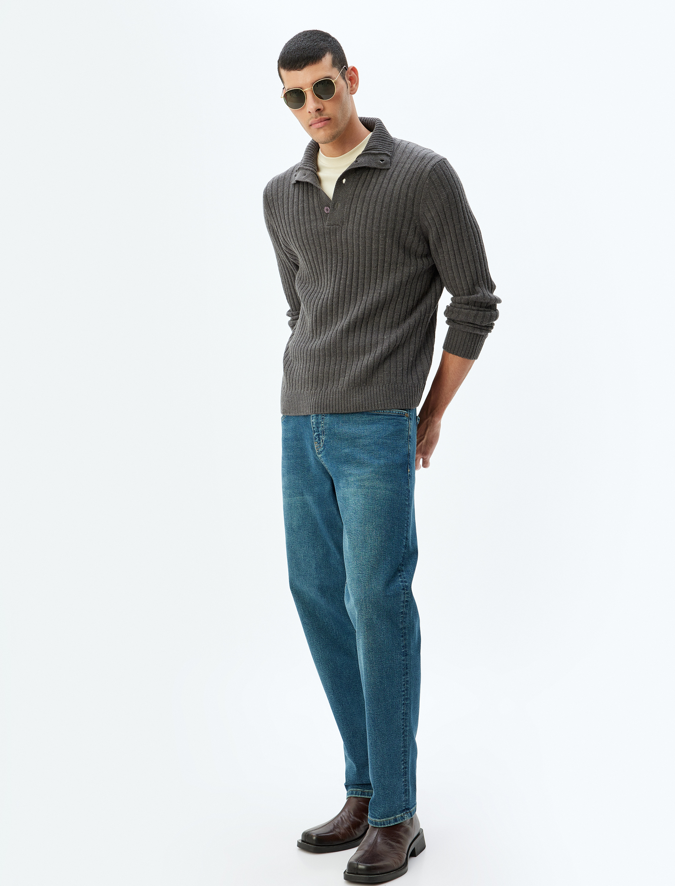   Triko Kazak Basic Düğme Detaylı Yaka Dokulu