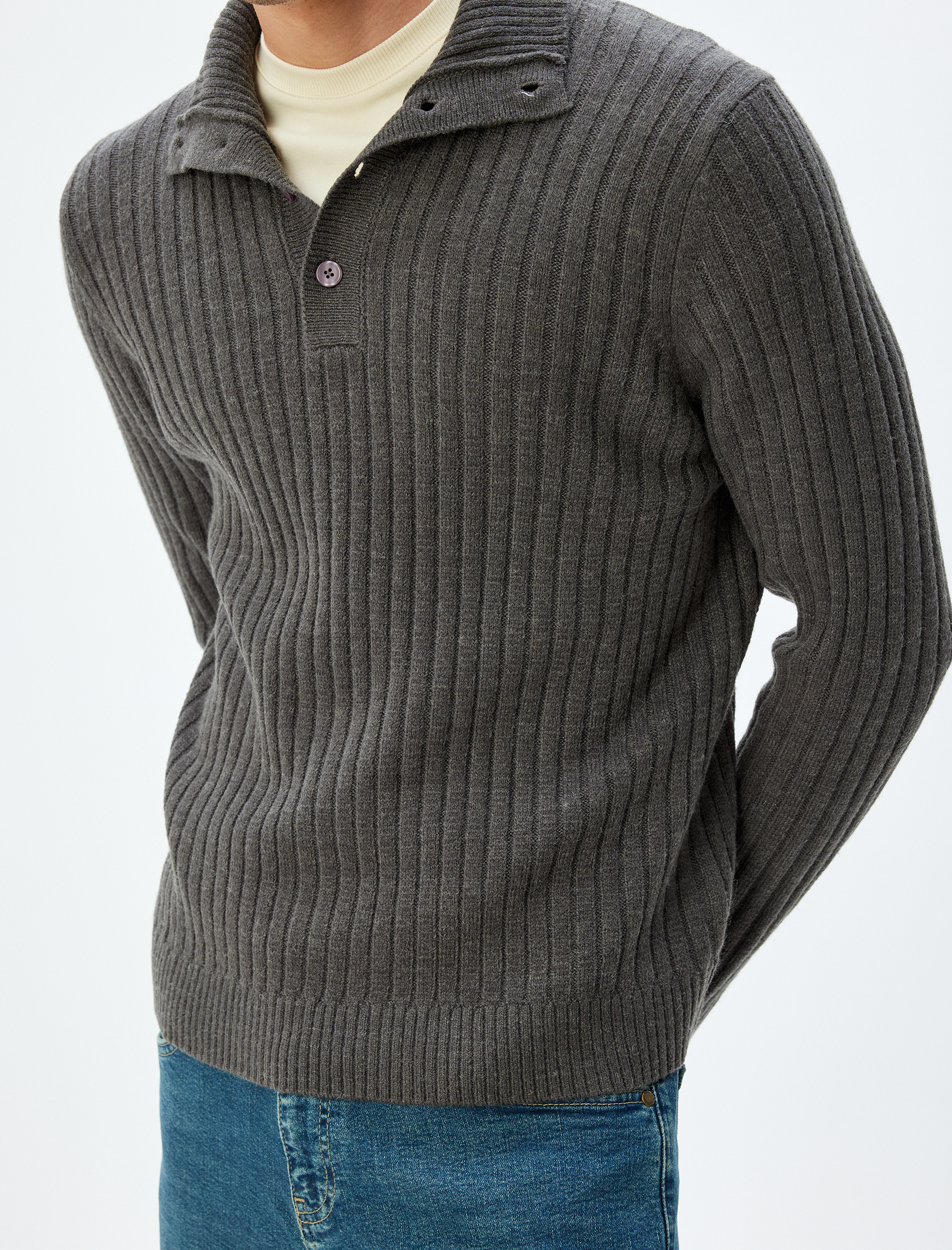   Triko Kazak Basic Düğme Detaylı Yaka Dokulu