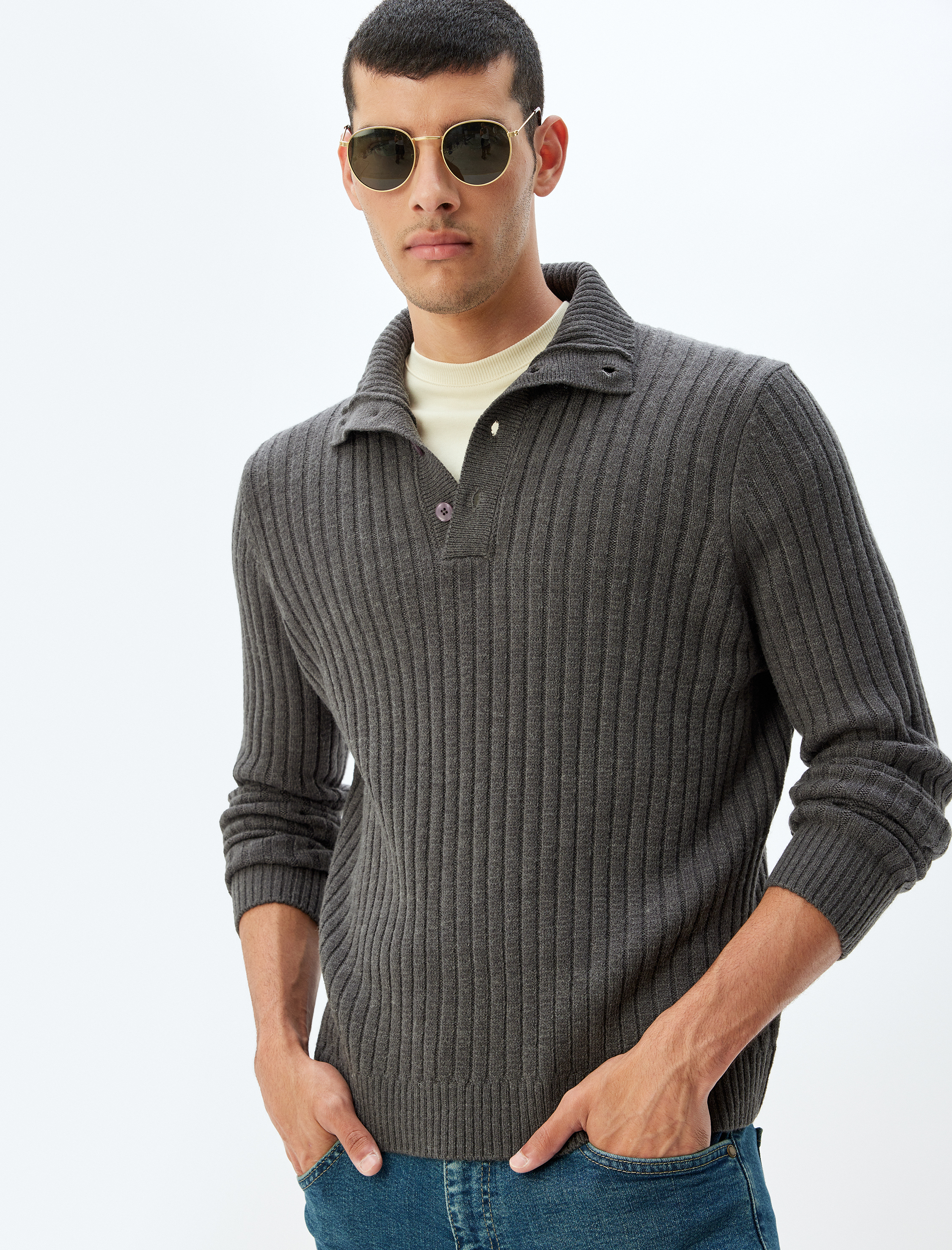   Triko Kazak Basic Düğme Detaylı Yaka Dokulu