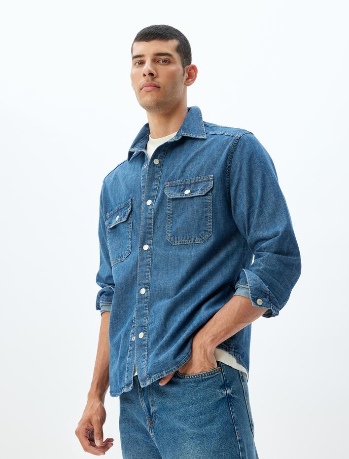  Kot Gömlek Ceket Uzun Kollu Kapaklı Cep Detaylı Pamuklu