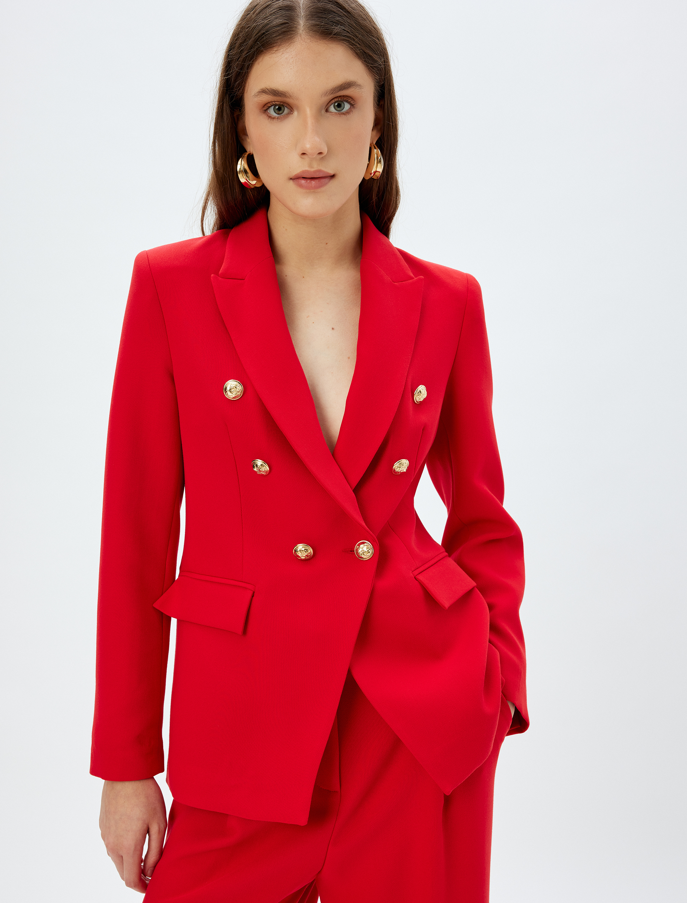   Kruvaze Blazer Ceket Düğmeli Asimetrik Kapaklı Cep Detaylı