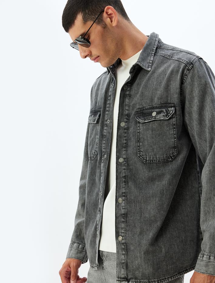  Uzun Kollu Kapaklı Cep Detaylı Pamuklu Jean Gömlek Ceket