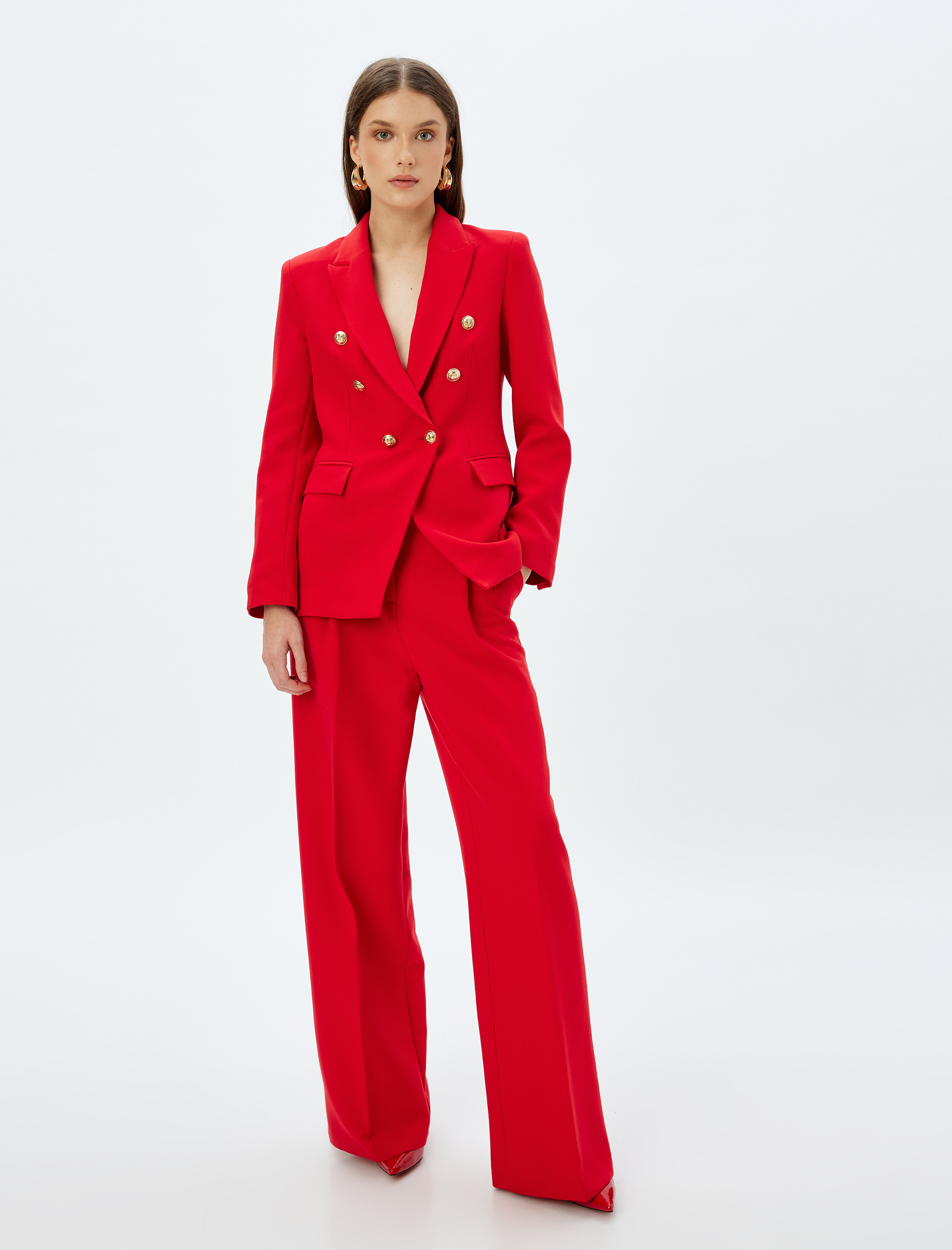   Cepli Bol Kalıp Yüksek Bel Geniş Paça Kumaş Pantolon