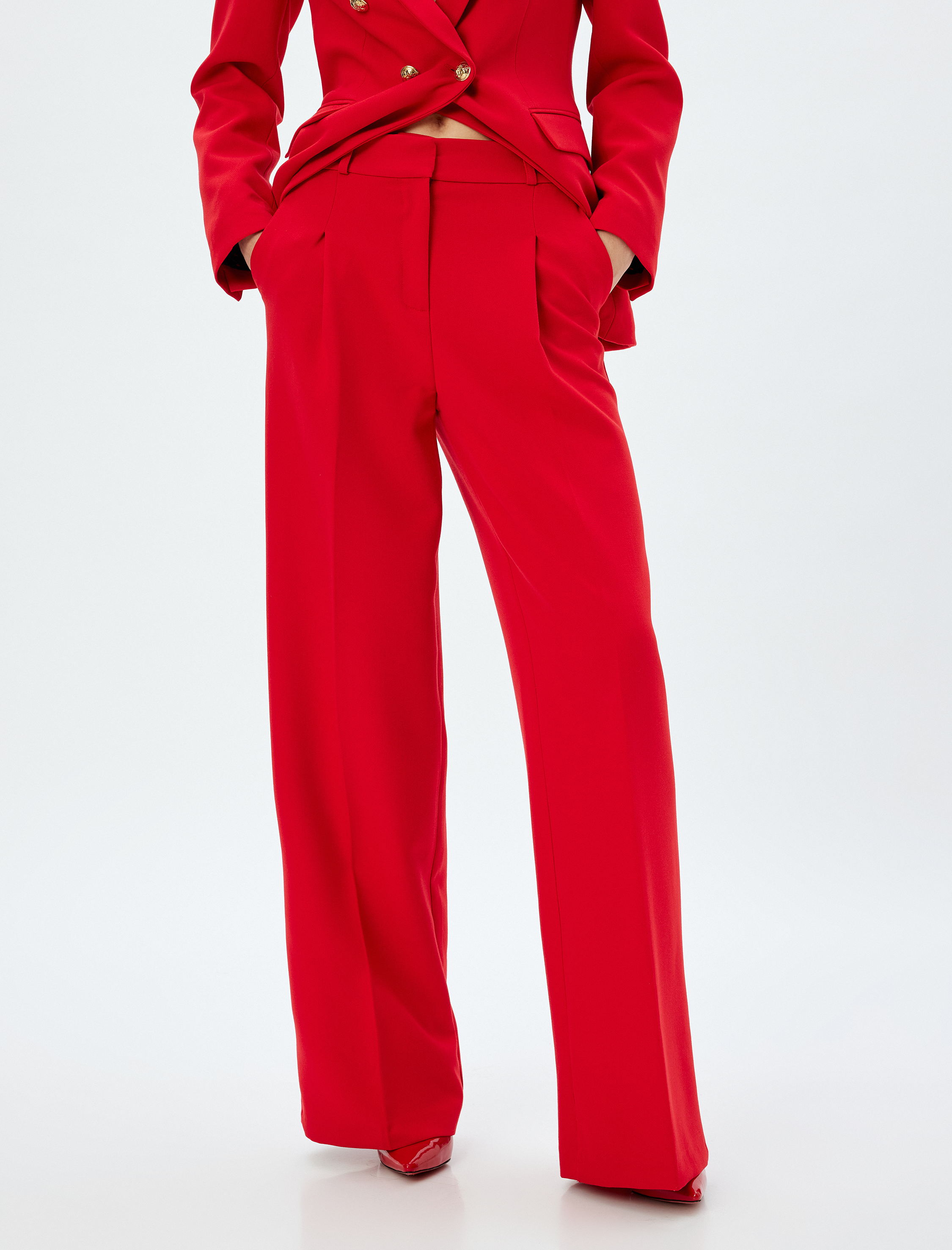   Cepli Bol Kalıp Yüksek Bel Geniş Paça Kumaş Pantolon