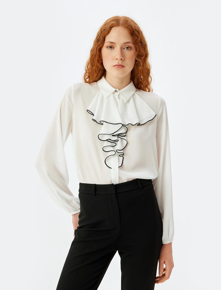  Fırfırlı Gömlek Uzun Kollu Krep Kumaş Renk Kontrast Detaylı