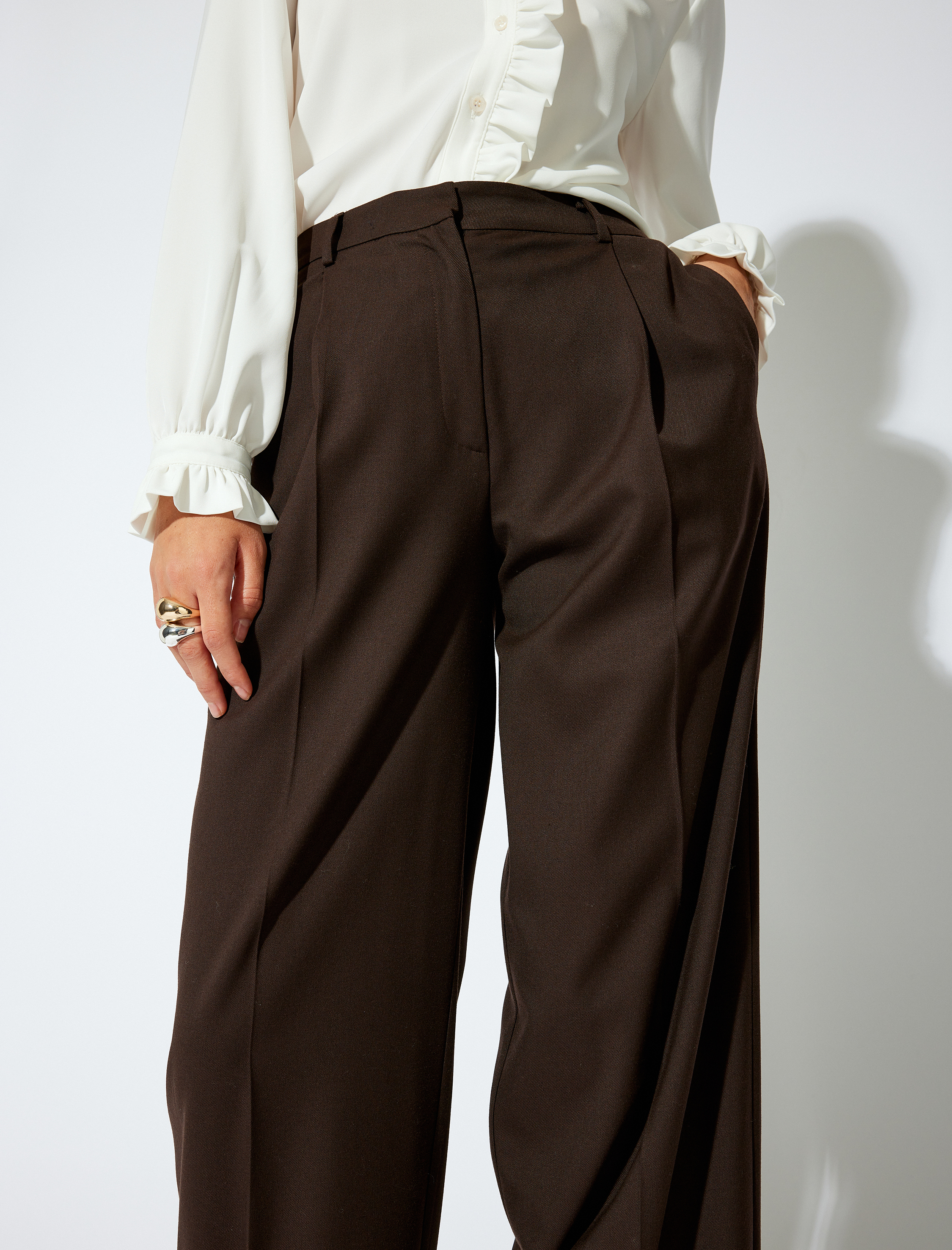   Yüksek Bel Kumaş Pantolon Geniş Paça Cepli