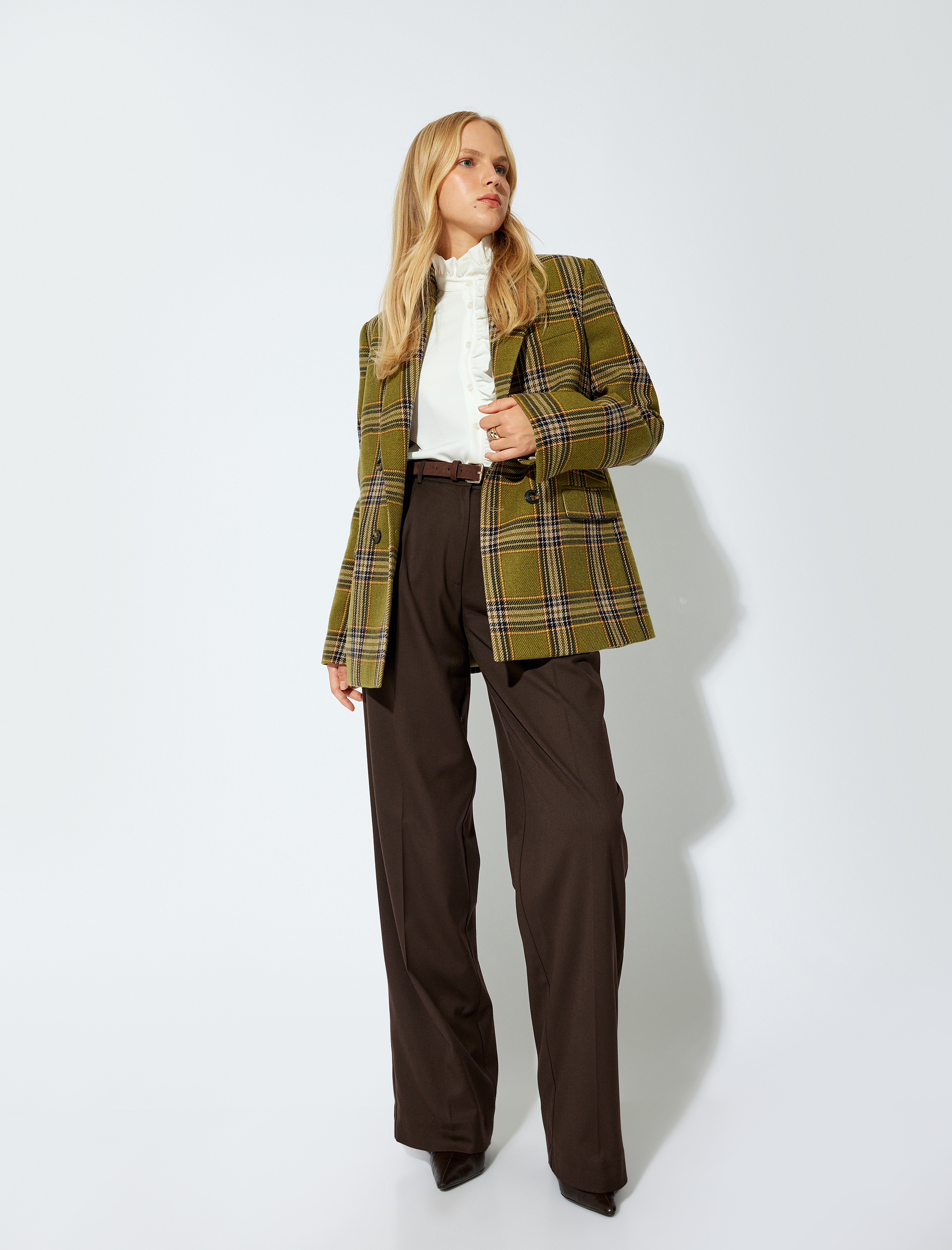   Yüksek Bel Kumaş Pantolon Geniş Paça Cepli