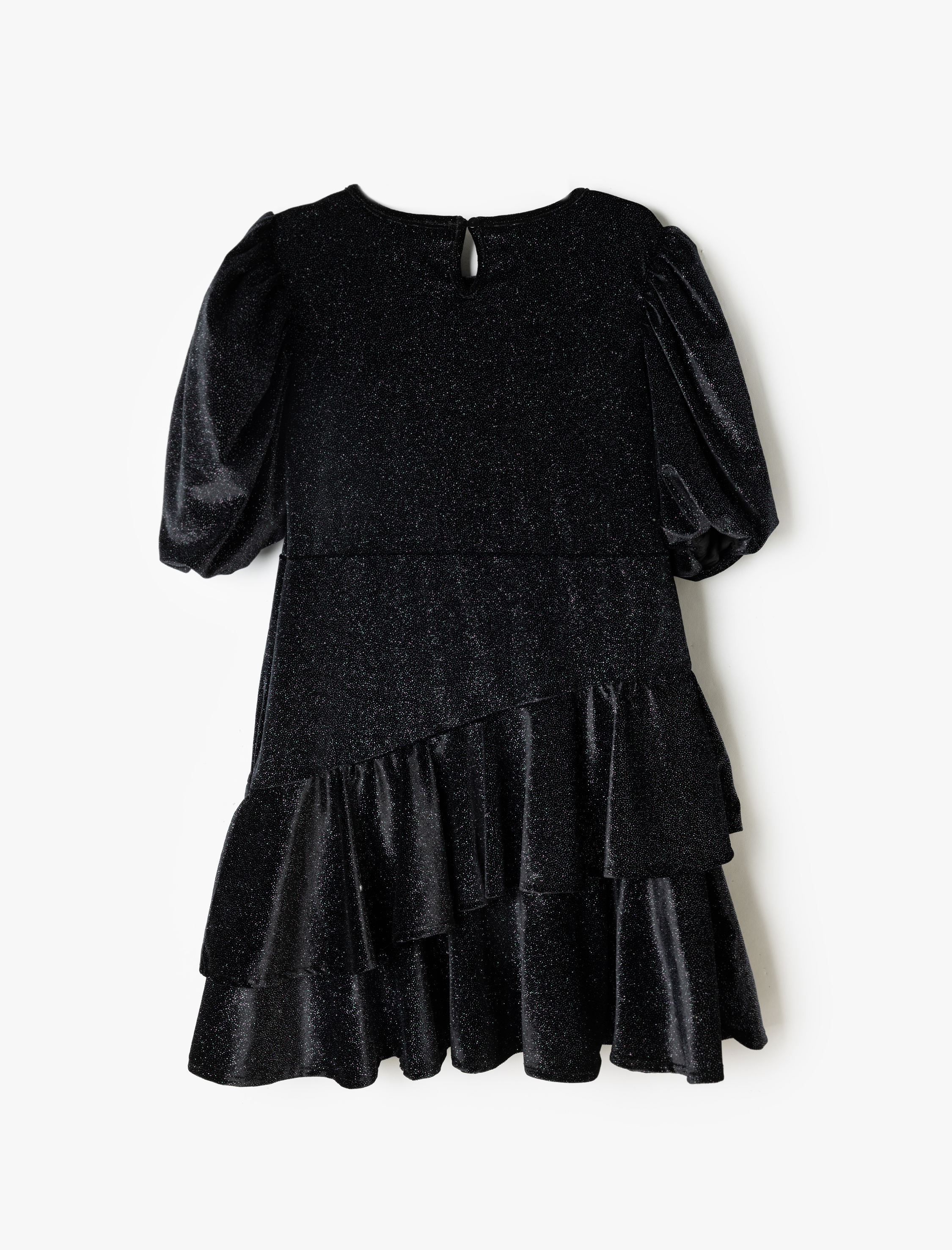  Kız Çocuk Sim Detaylı Balon Kollu Katlı Kadife Elbise