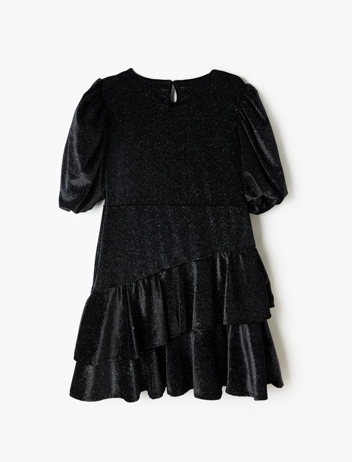 Kız Çocuk Sim Detaylı Balon Kollu Katlı Kadife Elbise