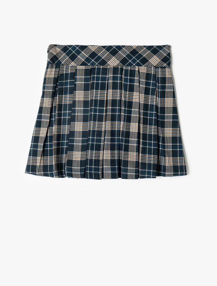 Kız Çocuk Pileli Kemer Detaylı Viskon Karışımlı Ekoseli Okul Eteği