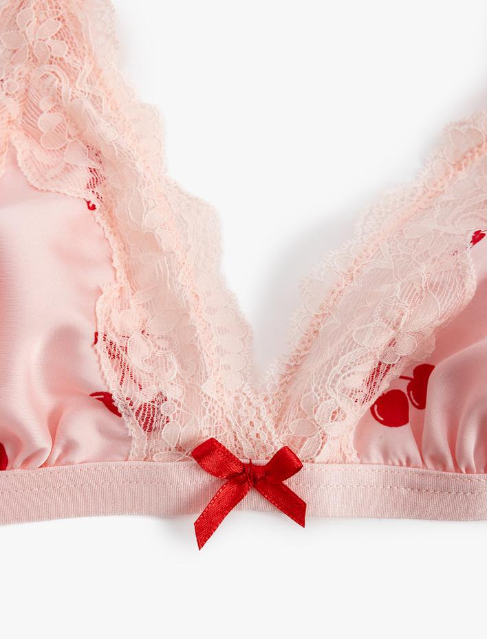  Kiraz Baskılı Dantelli Saten Sütyen Balensiz Dolgusuz