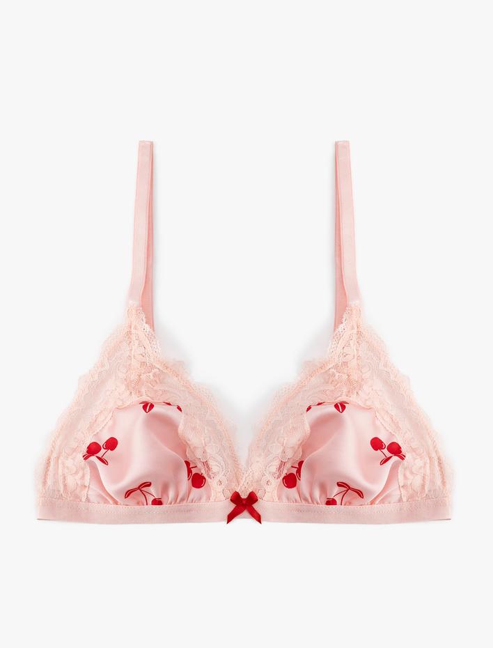  Kiraz Baskılı Dantelli Saten Sütyen Balensiz Dolgusuz