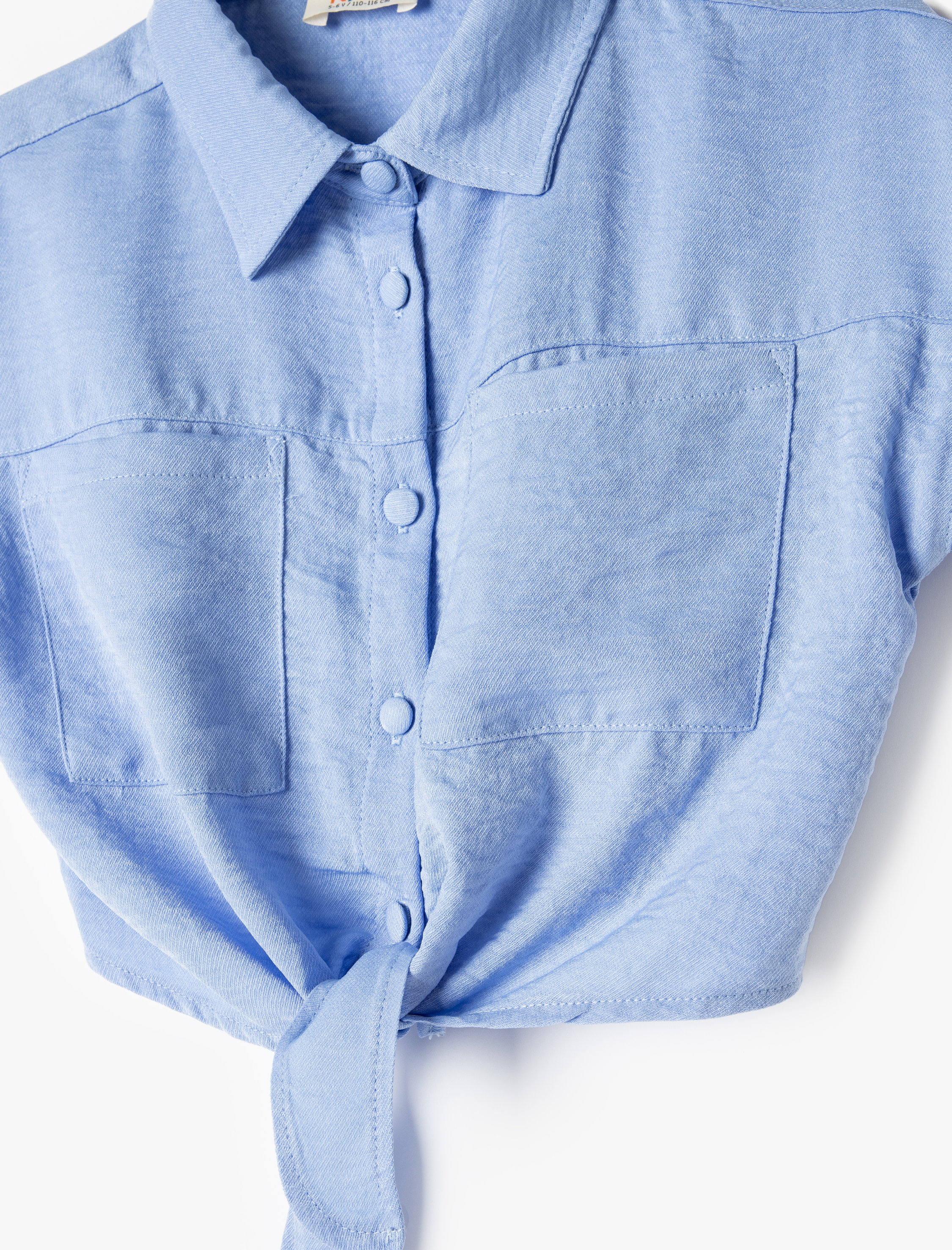  Kız Çocuk Crop Gömlek Önden Bağlamalı Cep Detaylı Kısa Kollu