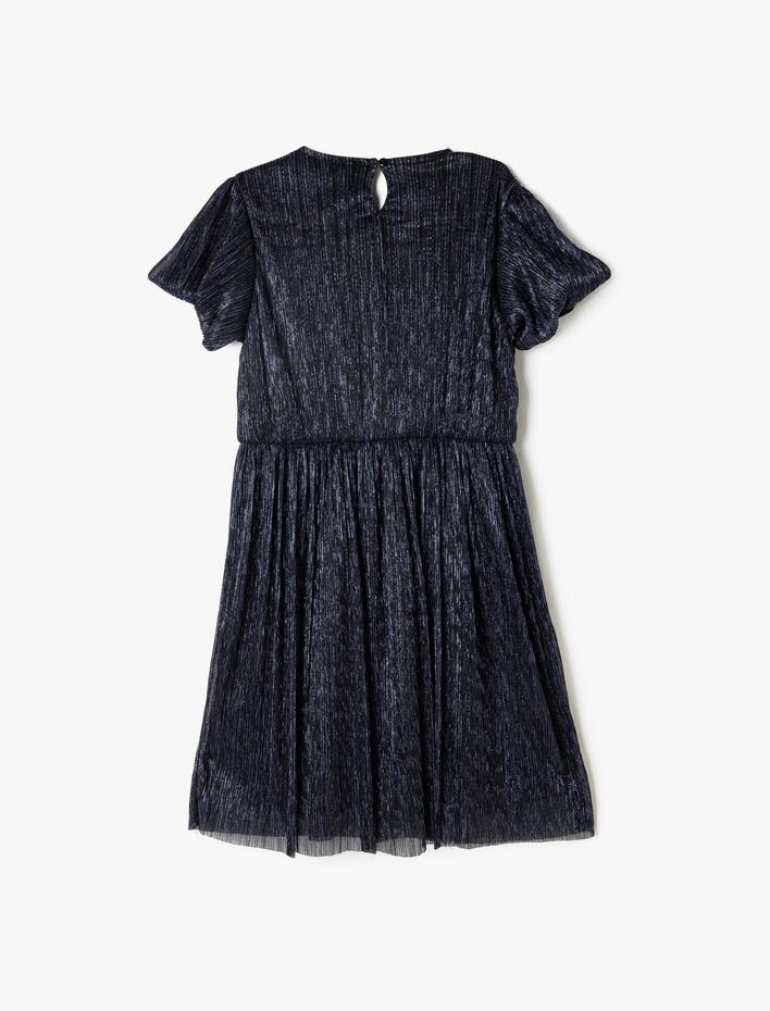 Kız Çocuk Elbise Tül Detaylı Yuvarlak Yaka Kısa Kollu Fiyonklu