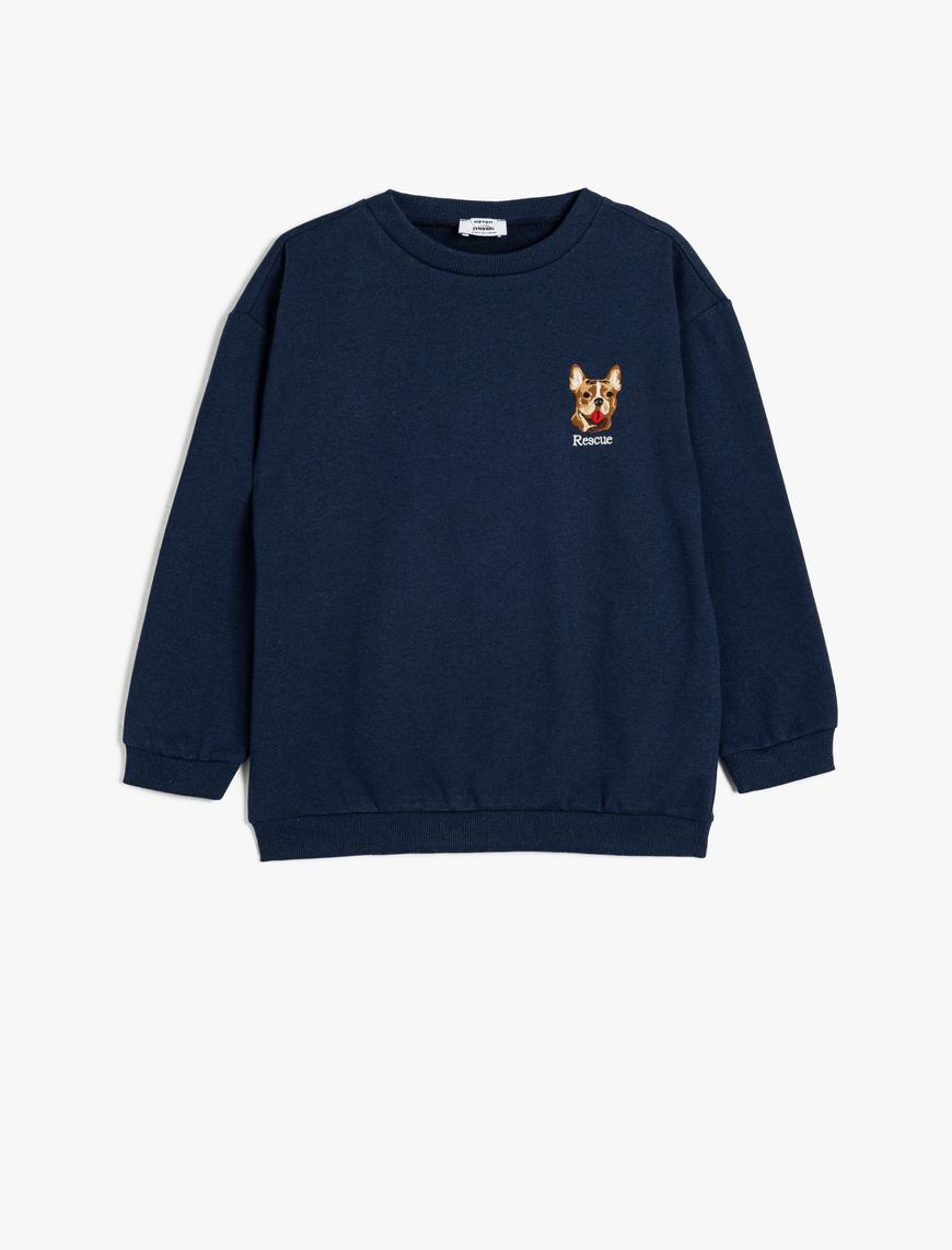  Erkek Çocuk Sweatshirt Köpek İşlemeli Bisiklet Yaka Uzun Kollu