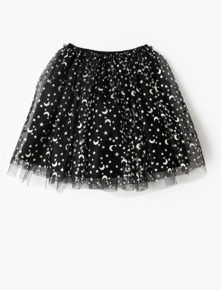 Kız Çocuk Parlak Baskılı Yıldız ve Ay Desenli Tütü Etek